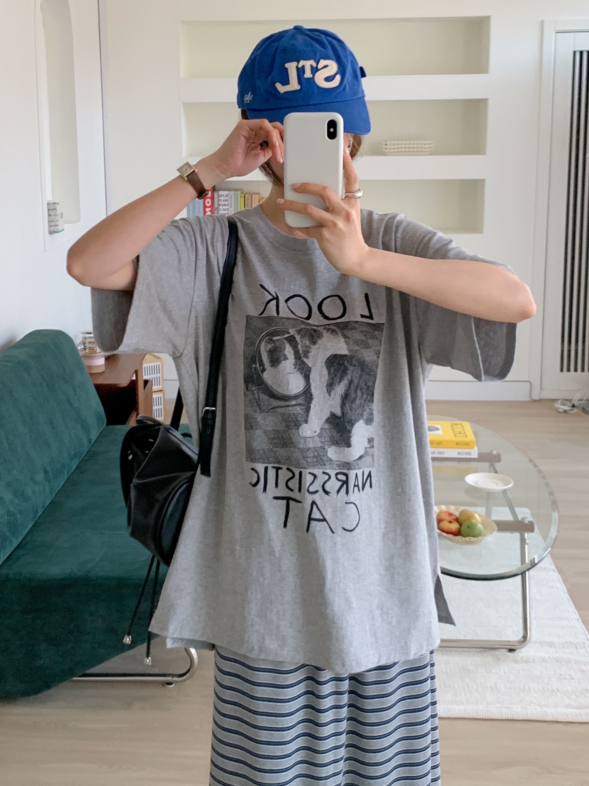 コットンラウンドネックスリットオーバーサイズボクシールーズ半袖ドロップショルダープリントTシャツ | 詳細画像10