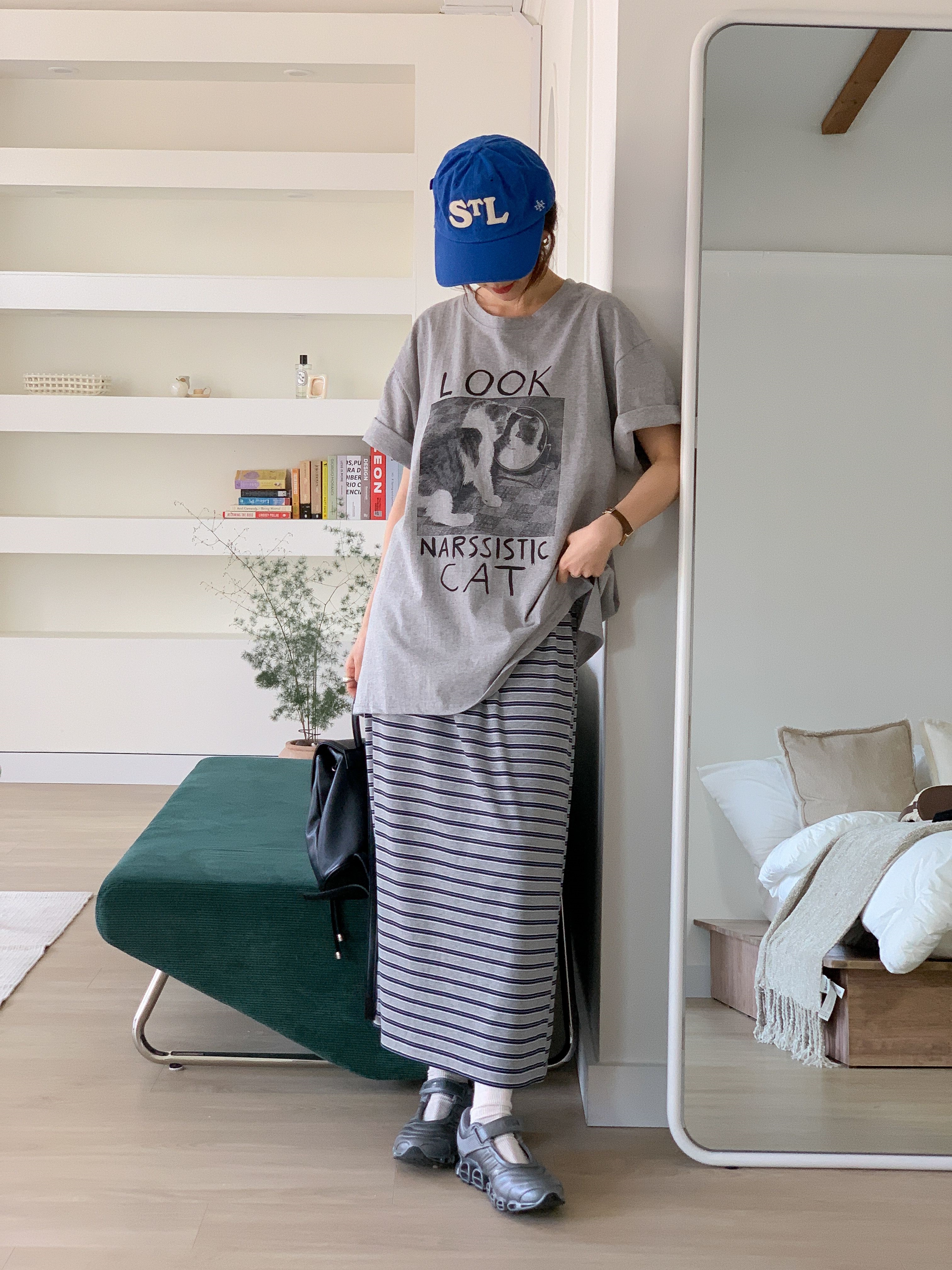 コットンラウンドネックスリットオーバーサイズボクシールーズ半袖ドロップショルダープリントTシャツ | 詳細画像11