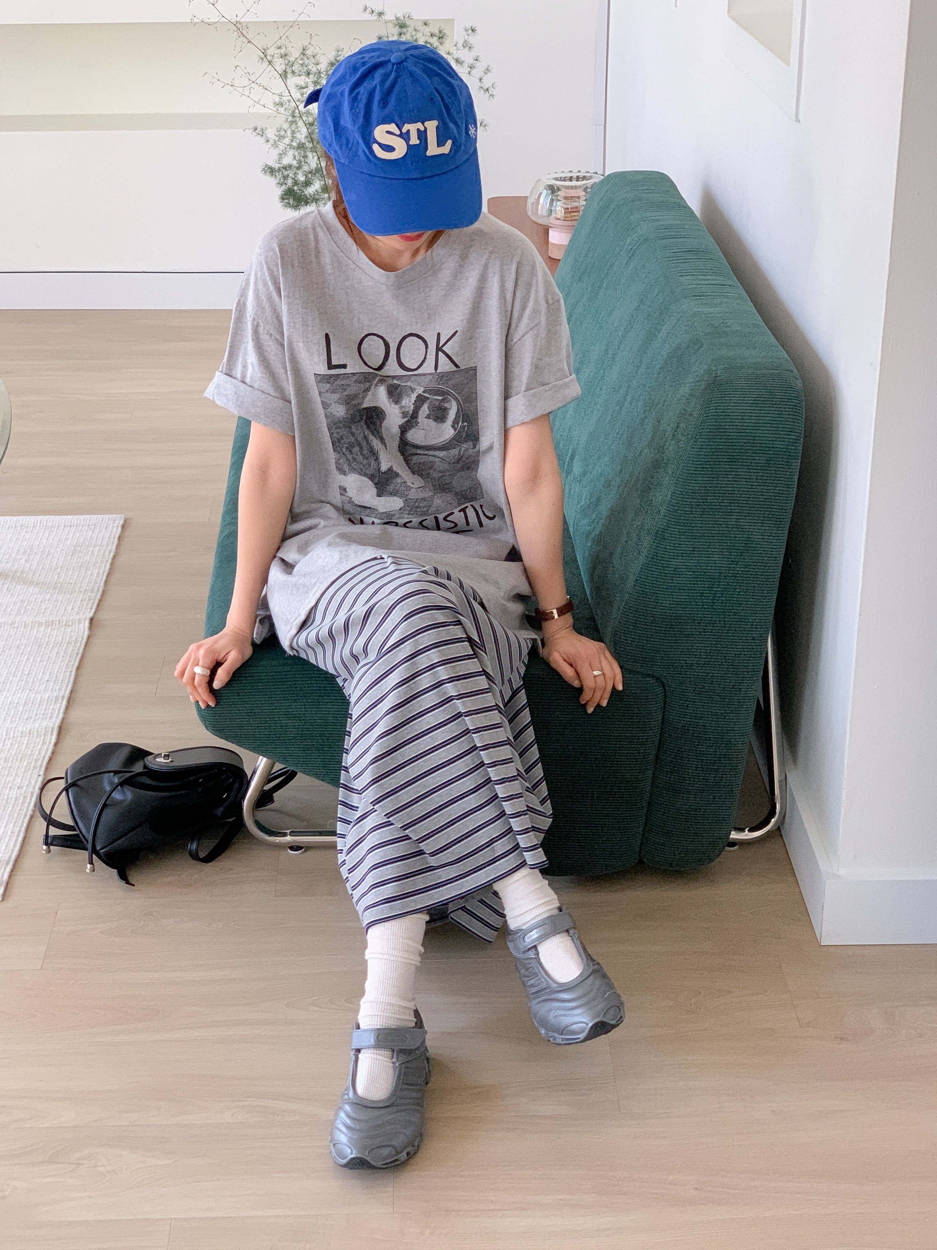 コットンラウンドネックスリットオーバーサイズボクシールーズ半袖ドロップショルダープリントTシャツ | 詳細画像12