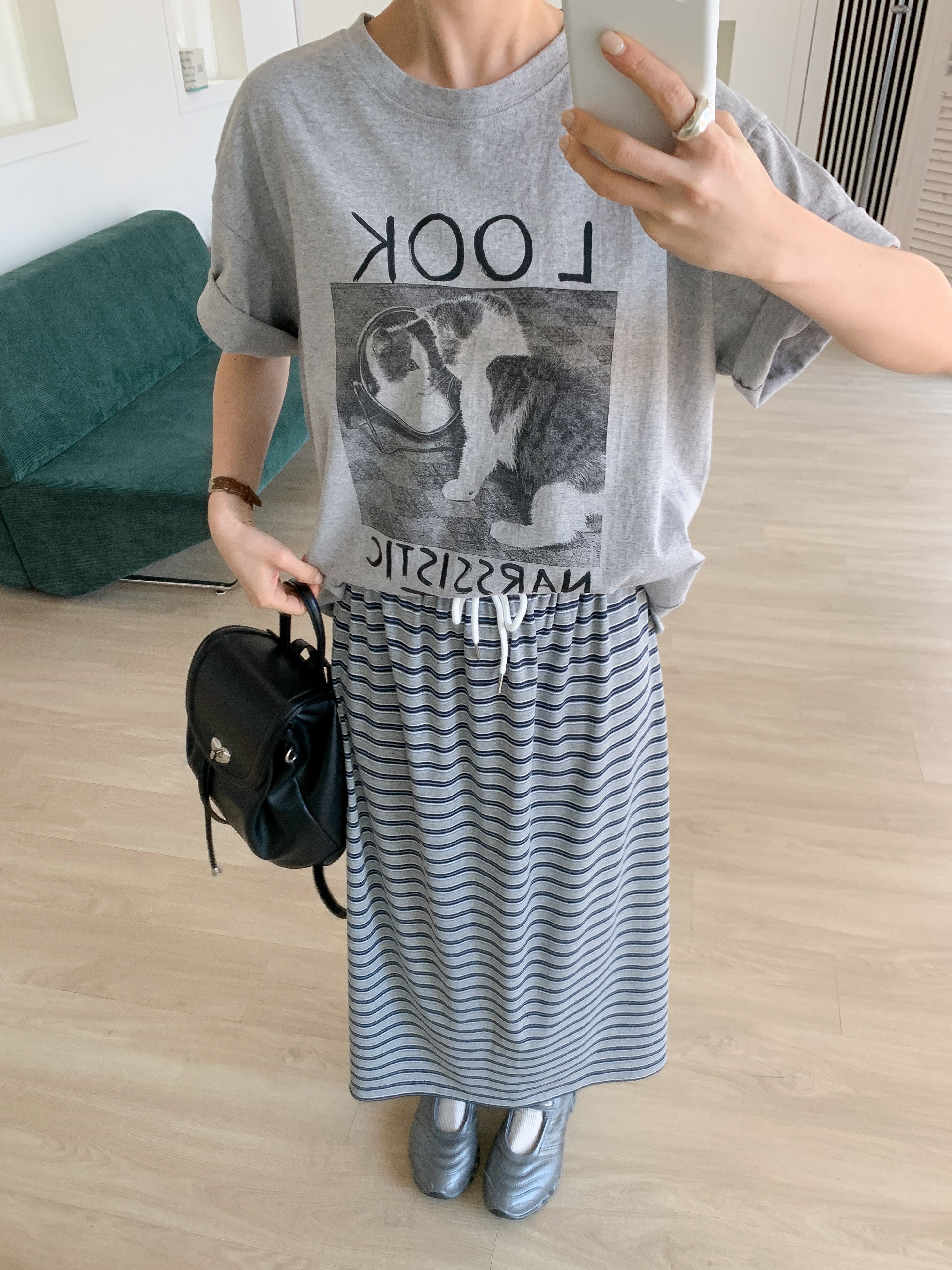 コットンラウンドネックスリットオーバーサイズボクシールーズ半袖ドロップショルダープリントTシャツ | 詳細画像13