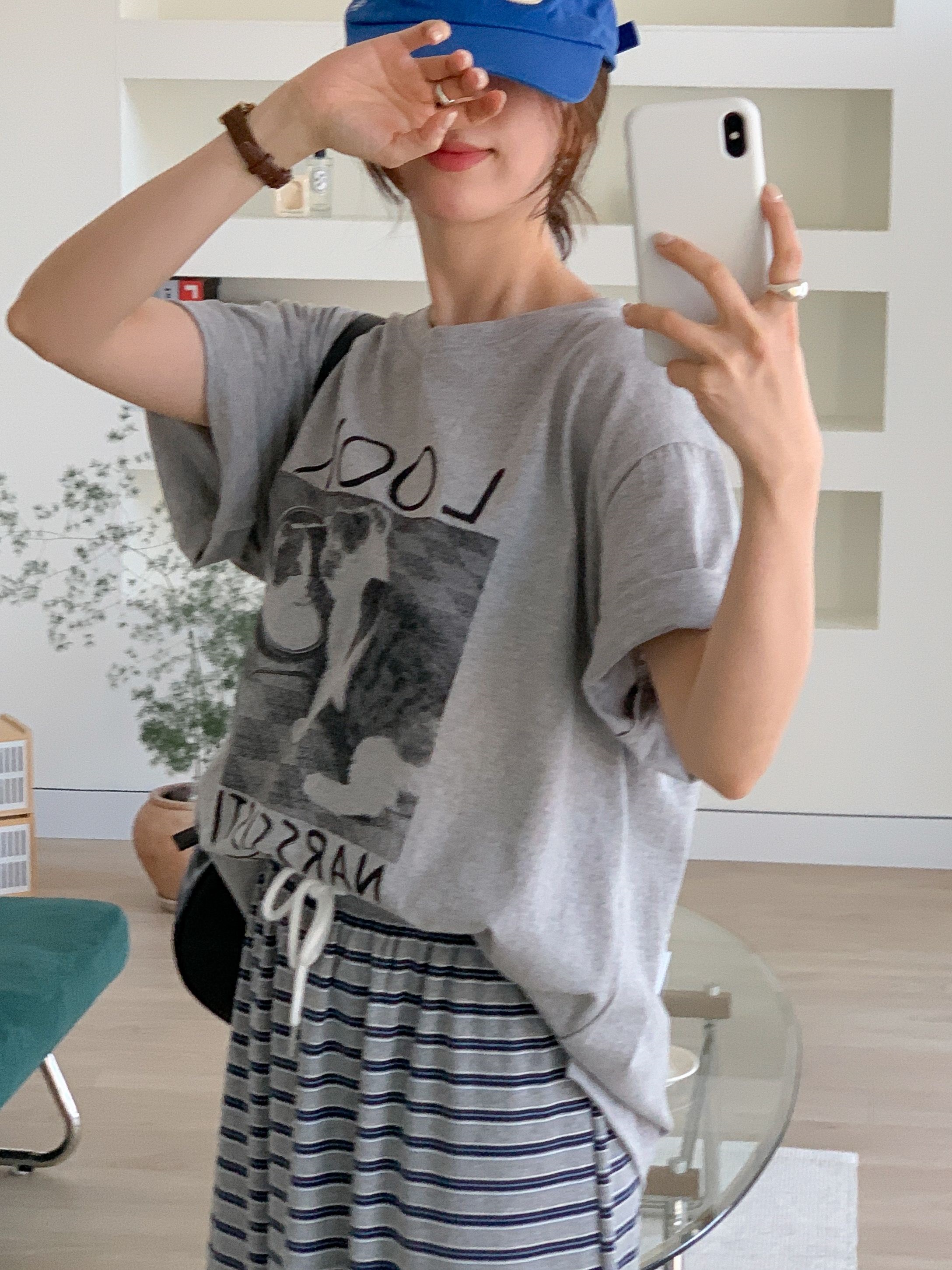 コットンラウンドネックスリットオーバーサイズボクシールーズ半袖ドロップショルダープリントTシャツ | 詳細画像15