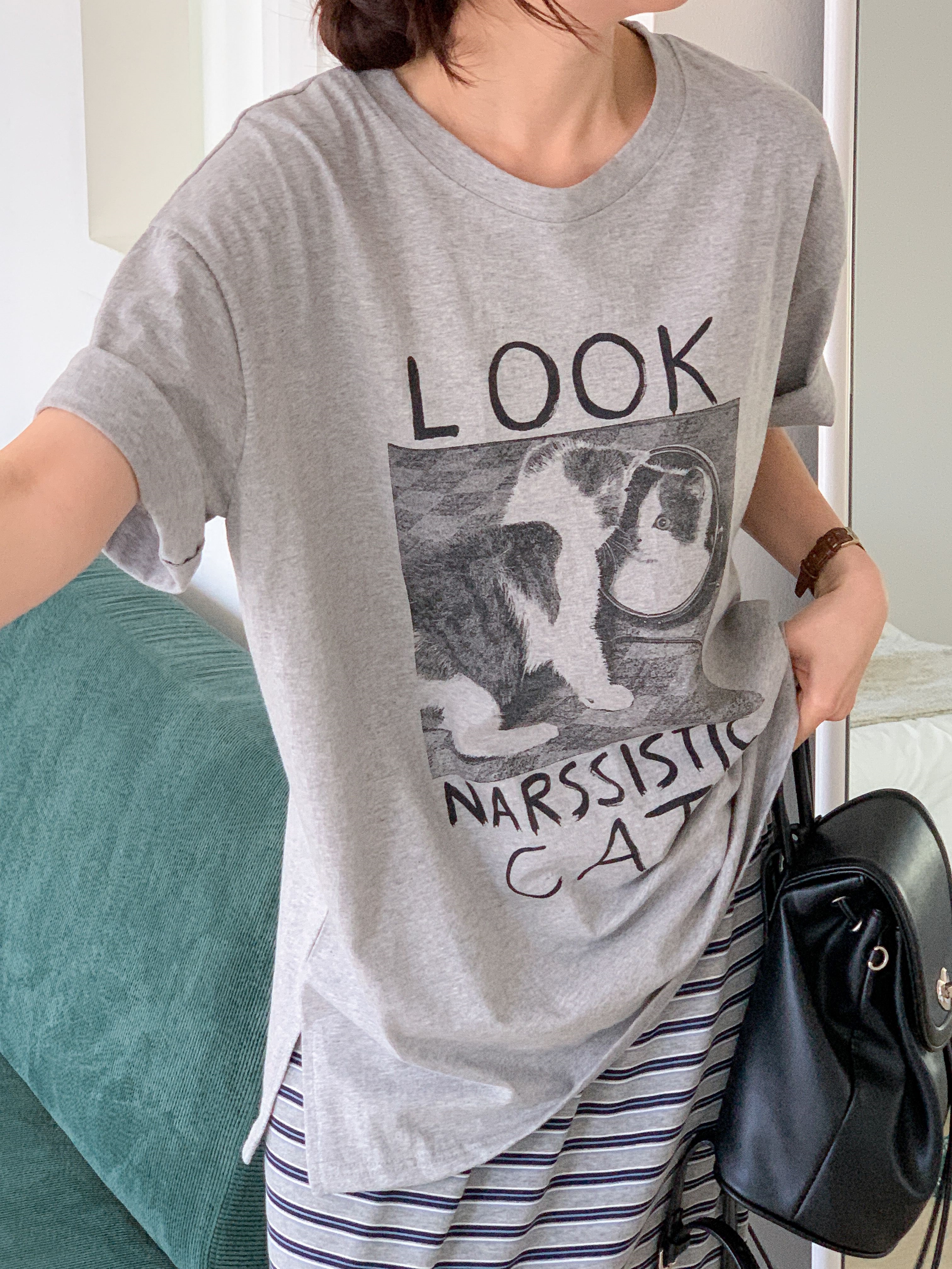 コットンラウンドネックスリットオーバーサイズボクシールーズ半袖ドロップショルダープリントTシャツ | 詳細画像17