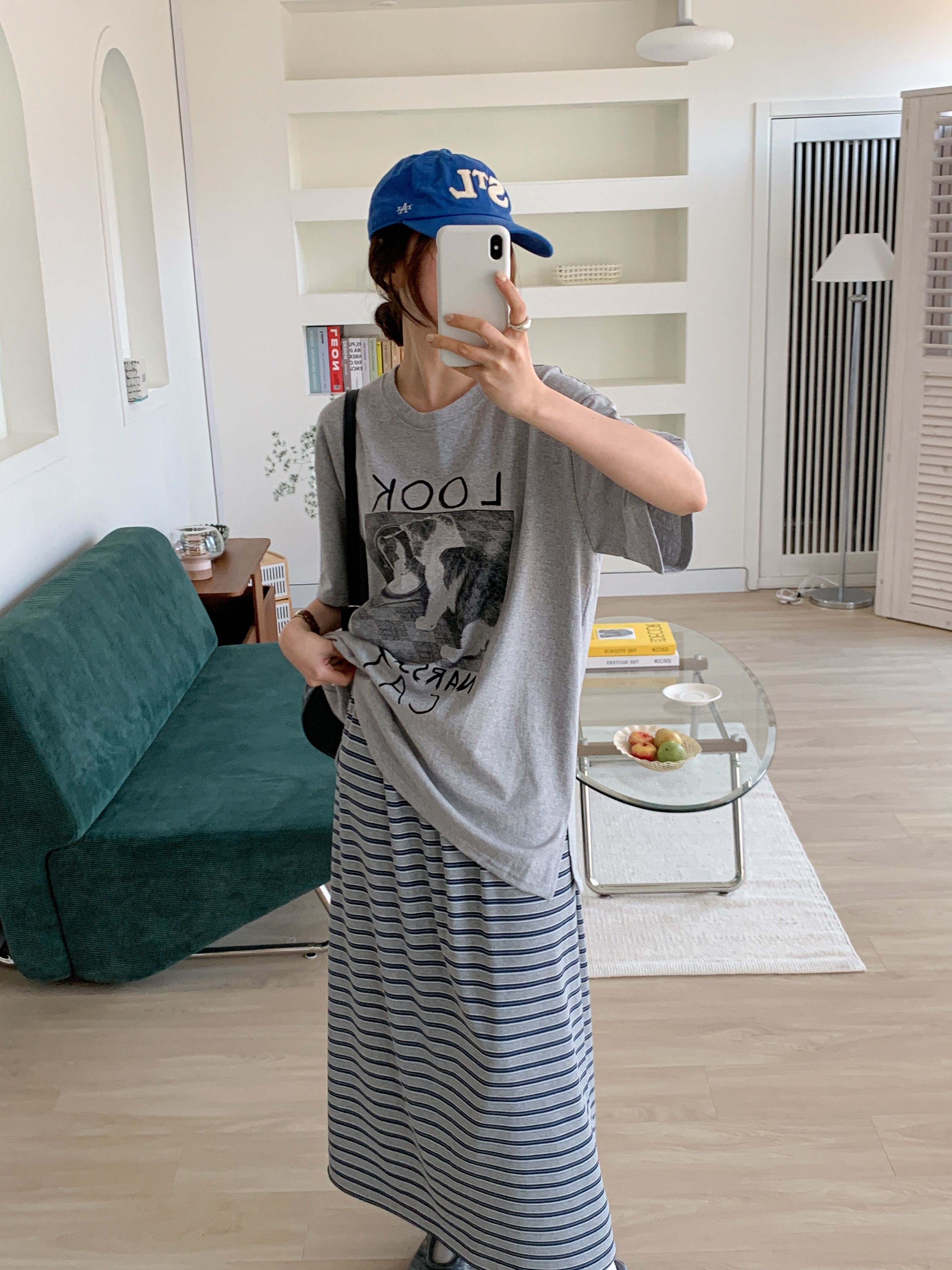 コットンラウンドネックスリットオーバーサイズボクシールーズ半袖ドロップショルダープリントTシャツ | 詳細画像19