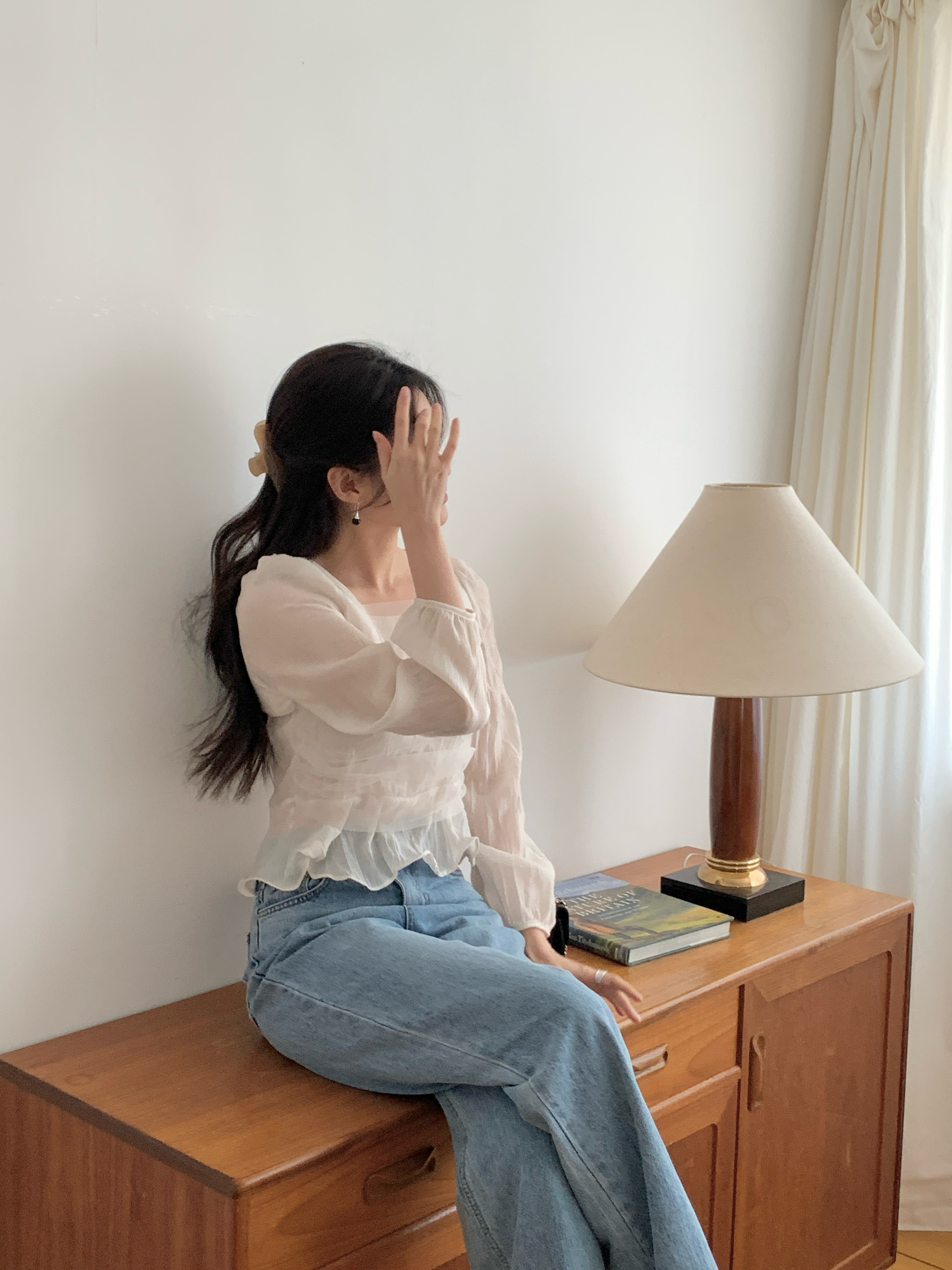 レーススクエアネックメロウリンクルパフスリーブクロップドルーズ長袖ギャザーヒドゥンジッパーブラウス | 詳細画像2