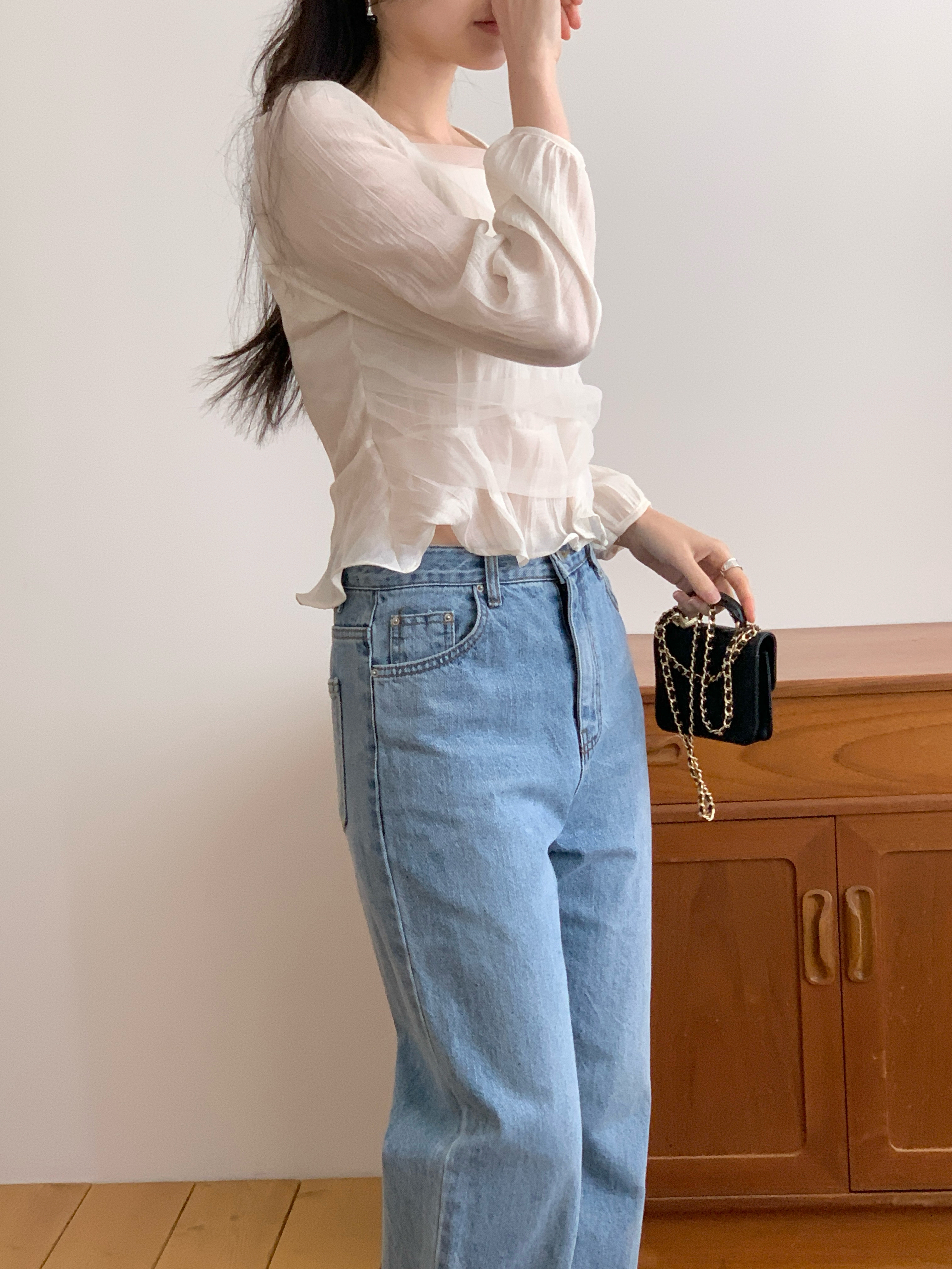 レーススクエアネックメロウリンクルパフスリーブクロップドルーズ長袖ギャザーヒドゥンジッパーブラウス | 詳細画像4