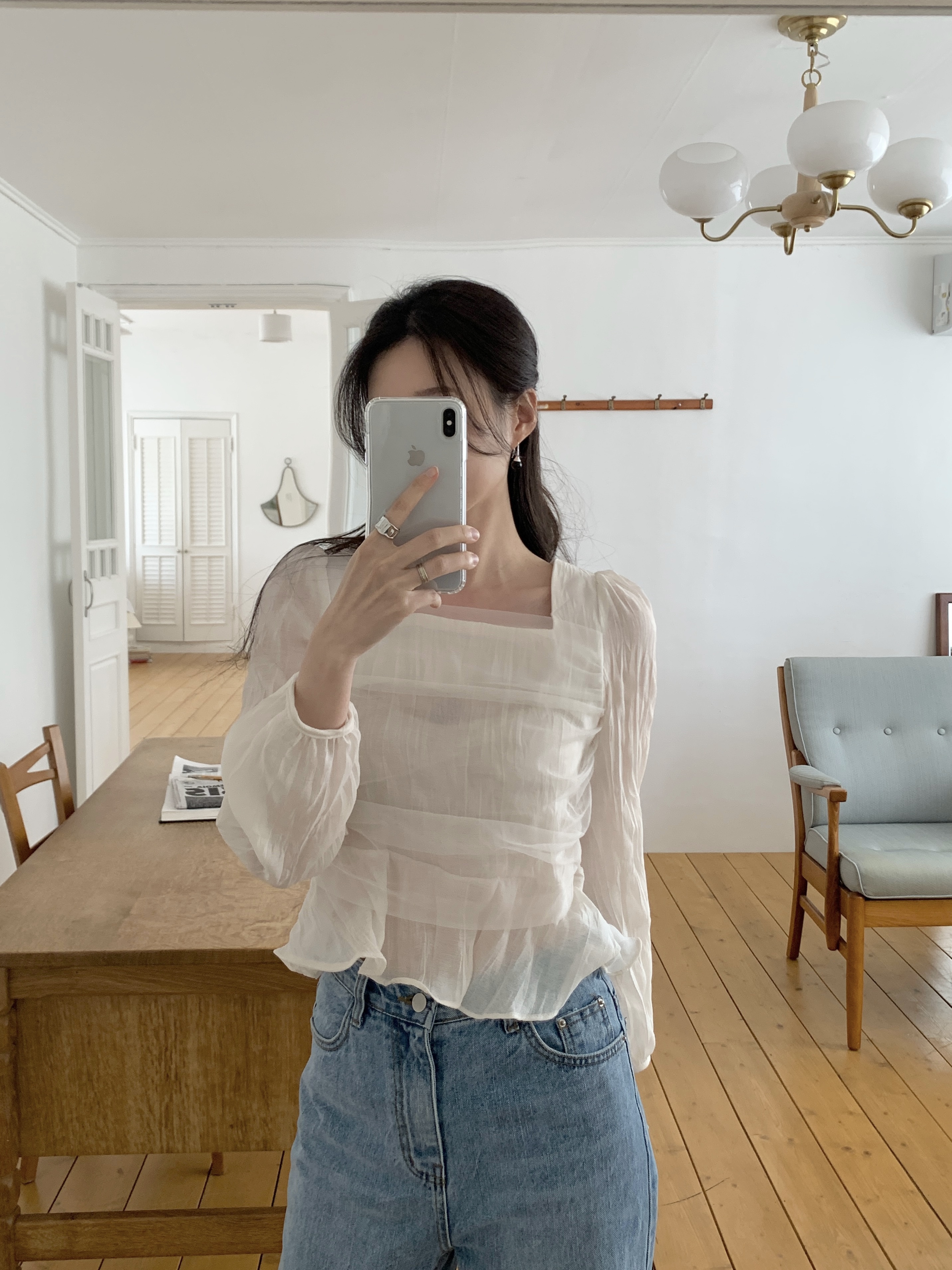 レーススクエアネックメロウリンクルパフスリーブクロップドルーズ長袖ギャザーヒドゥンジッパーブラウス | 詳細画像5