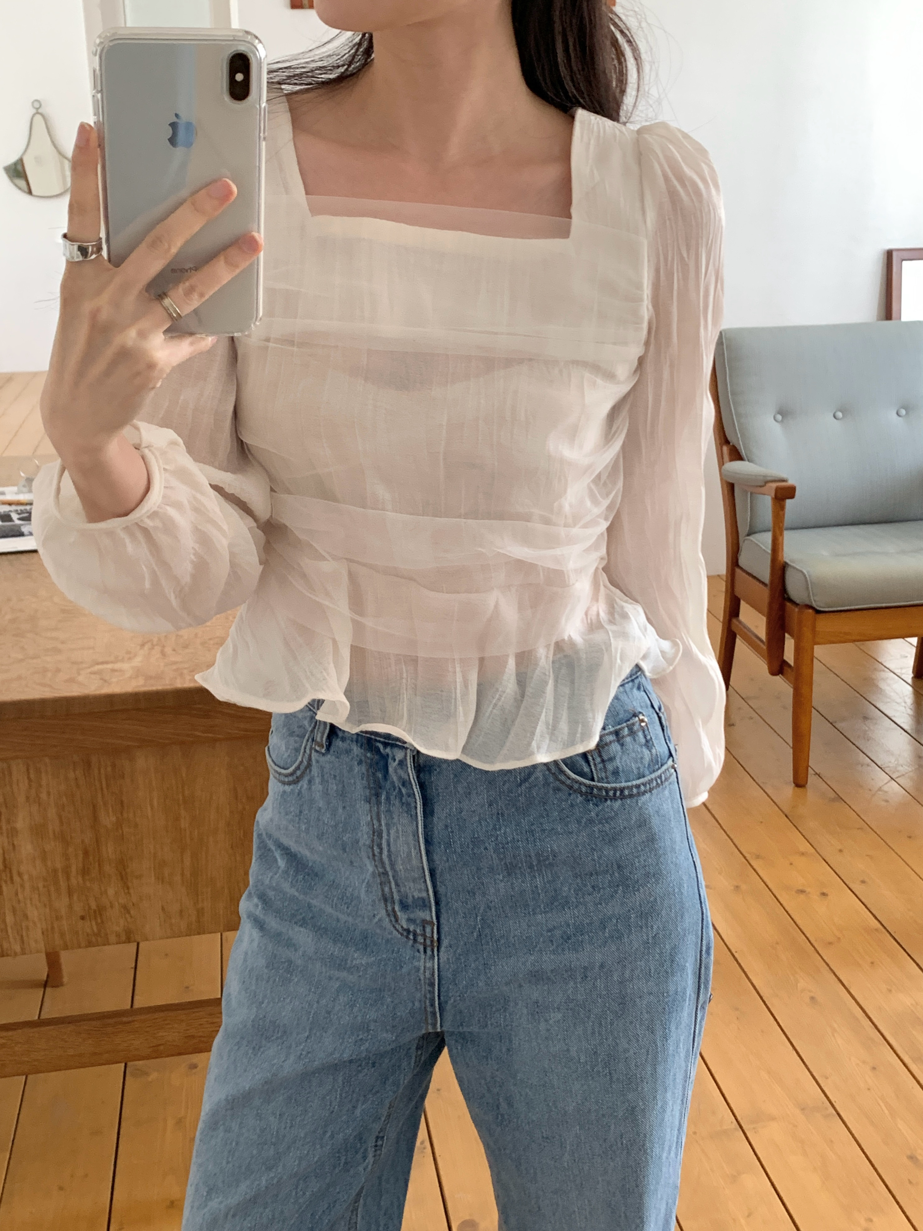 レーススクエアネックメロウリンクルパフスリーブクロップドルーズ長袖ギャザーヒドゥンジッパーブラウス | 詳細画像6