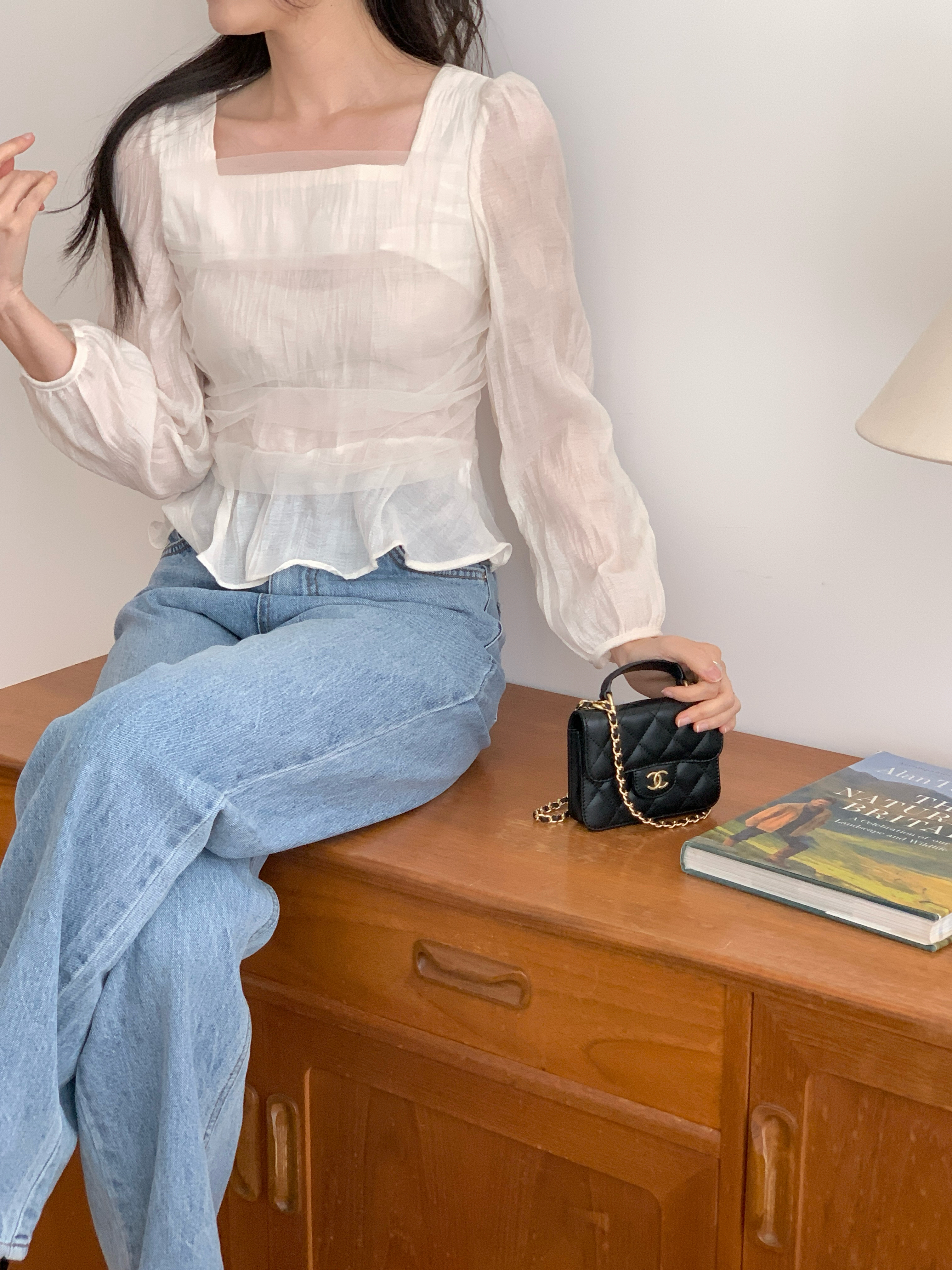 レーススクエアネックメロウリンクルパフスリーブクロップドルーズ長袖ギャザーヒドゥンジッパーブラウス | 詳細画像7