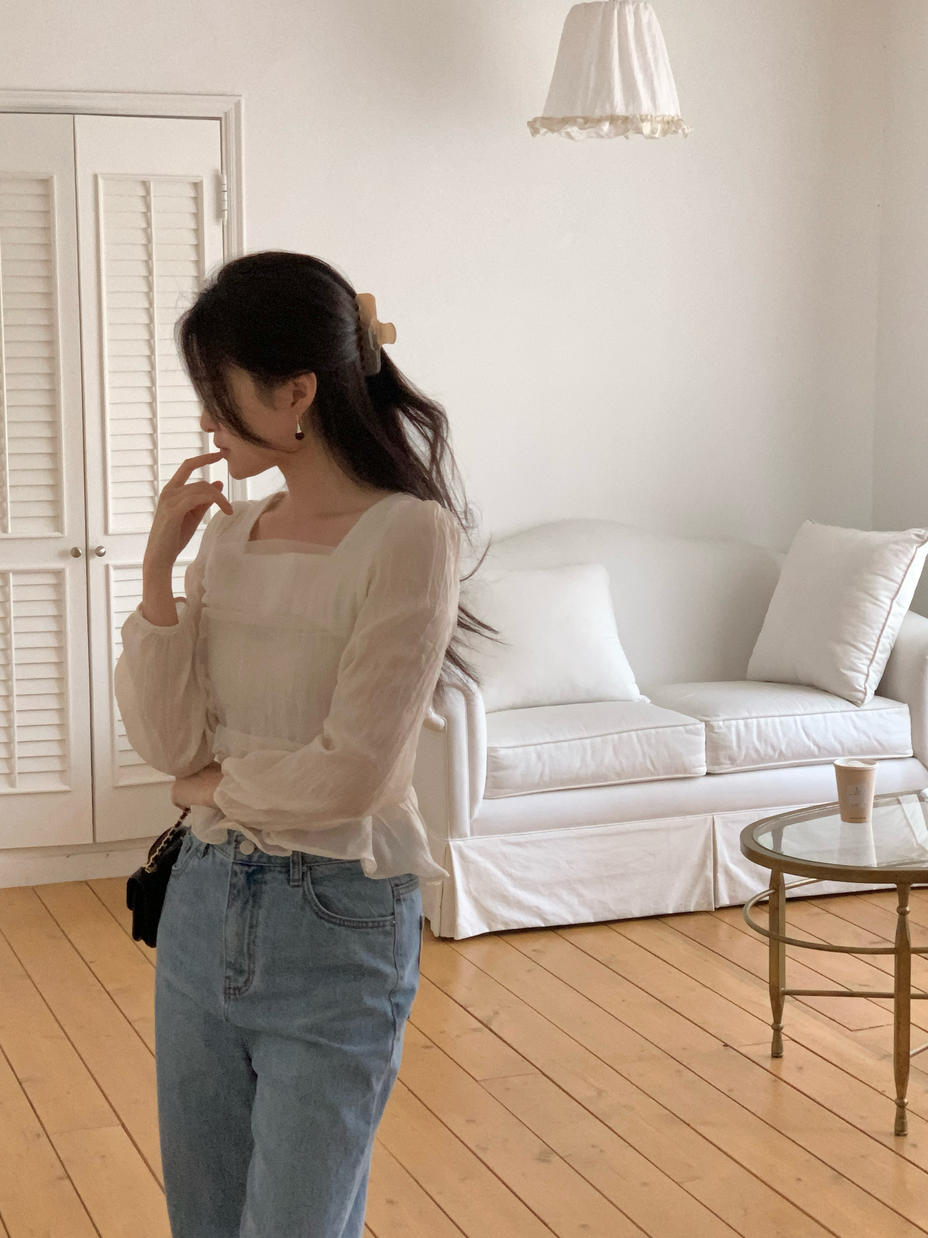 レーススクエアネックメロウリンクルパフスリーブクロップドルーズ長袖ギャザーヒドゥンジッパーブラウス | 詳細画像9