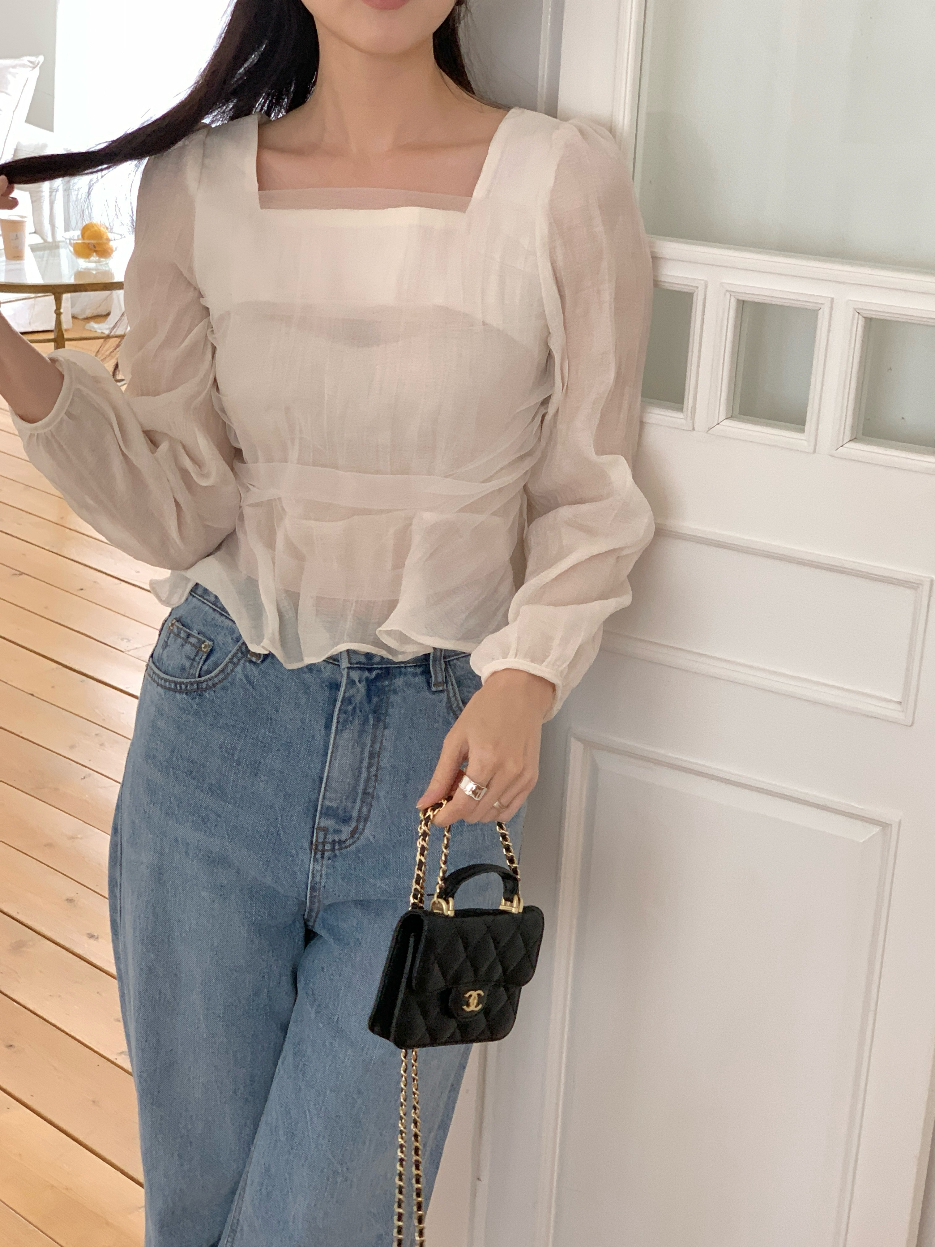 レーススクエアネックメロウリンクルパフスリーブクロップドルーズ長袖ギャザーヒドゥンジッパーブラウス | 詳細画像10