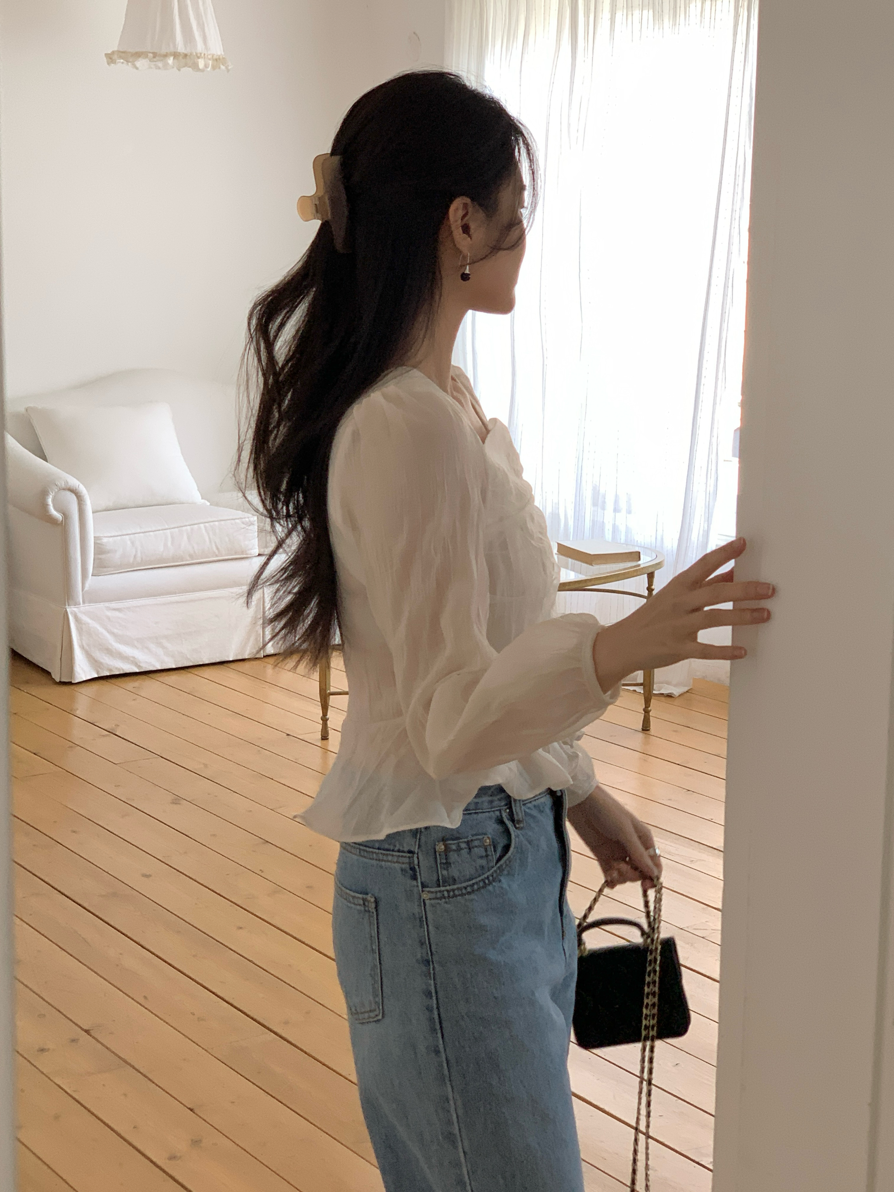 レーススクエアネックメロウリンクルパフスリーブクロップドルーズ長袖ギャザーヒドゥンジッパーブラウス | 詳細画像13