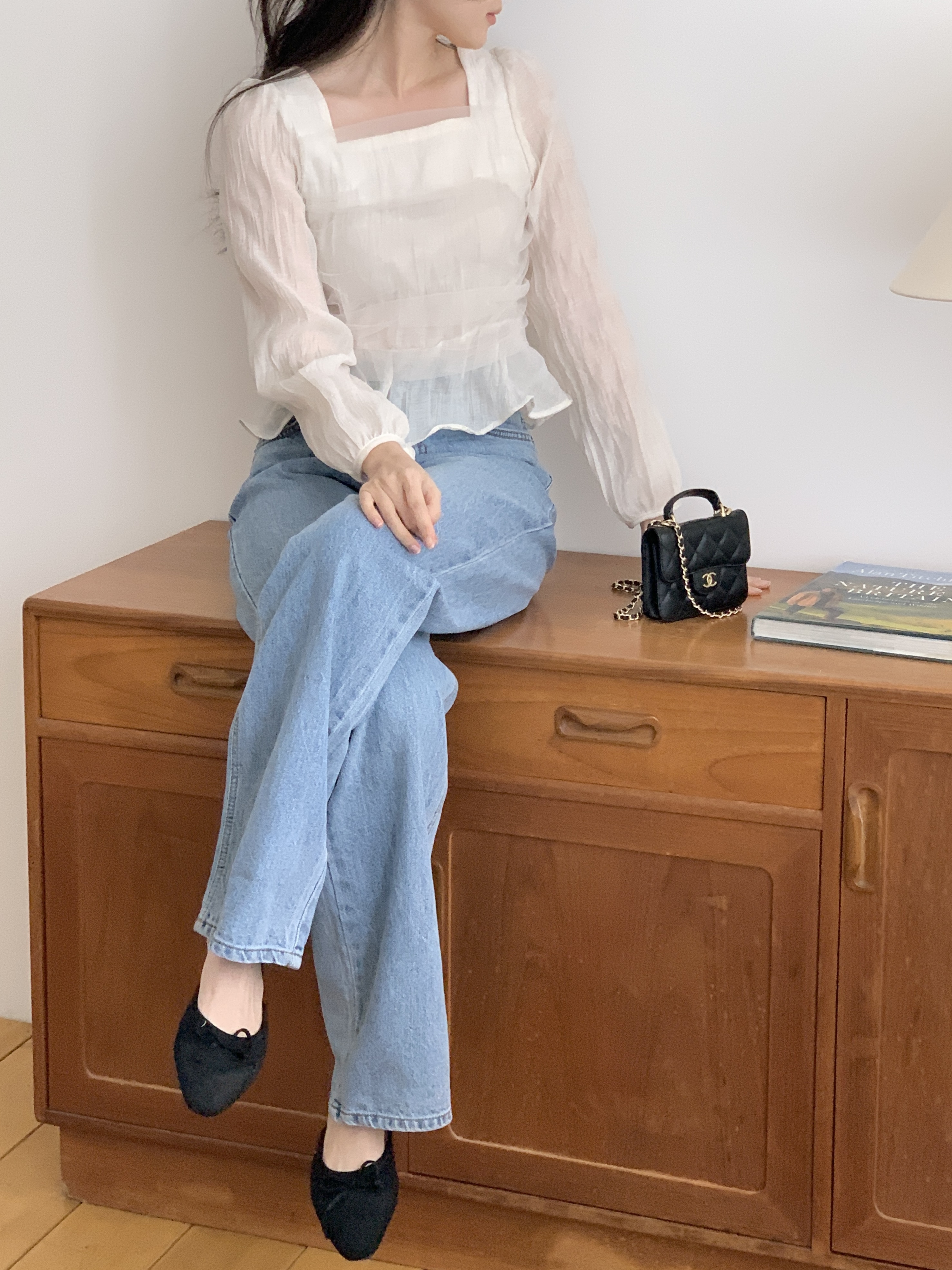 レーススクエアネックメロウリンクルパフスリーブクロップドルーズ長袖ギャザーヒドゥンジッパーブラウス | 詳細画像16