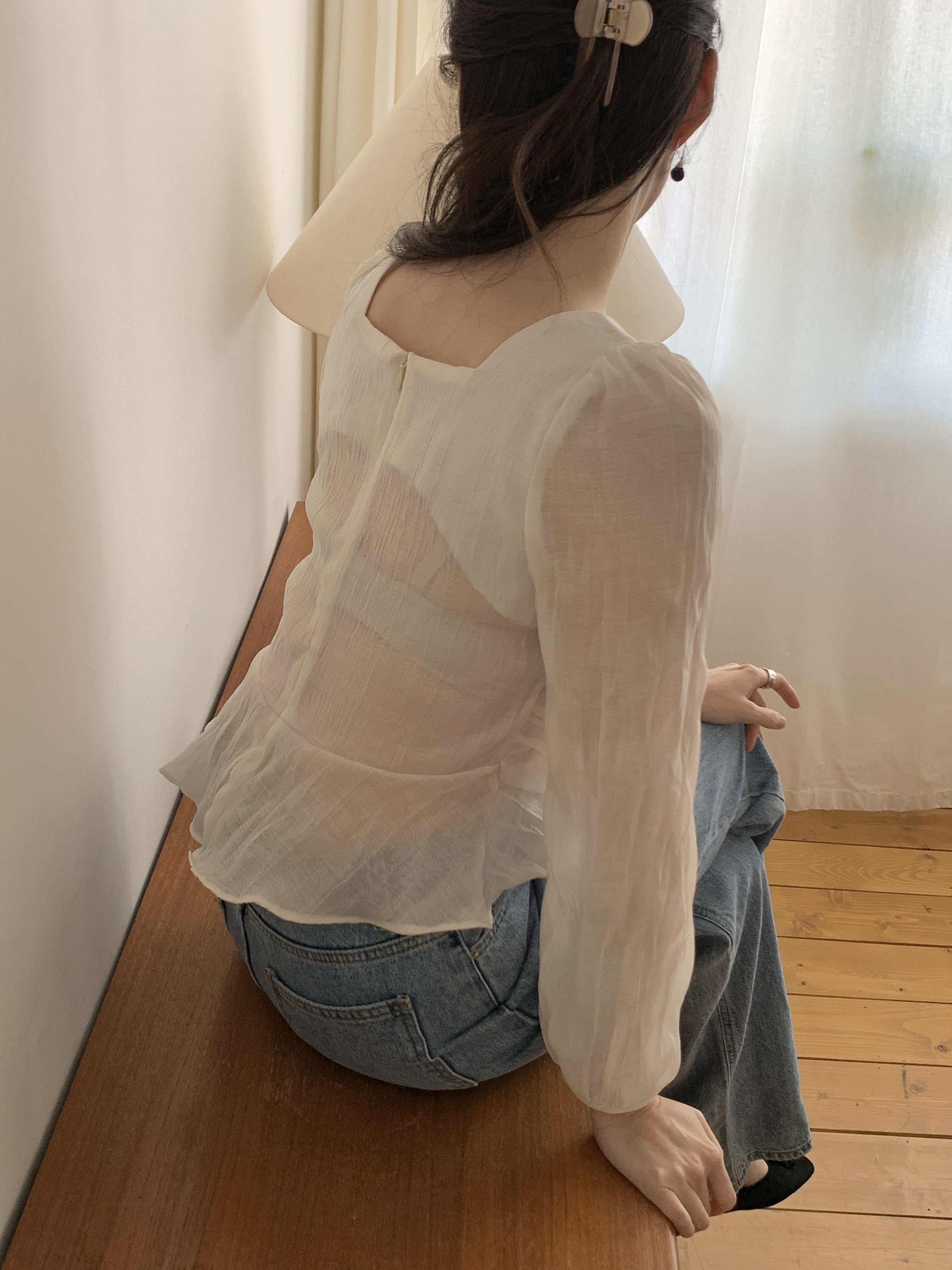 レーススクエアネックメロウリンクルパフスリーブクロップドルーズ長袖ギャザーヒドゥンジッパーブラウス | 詳細画像18