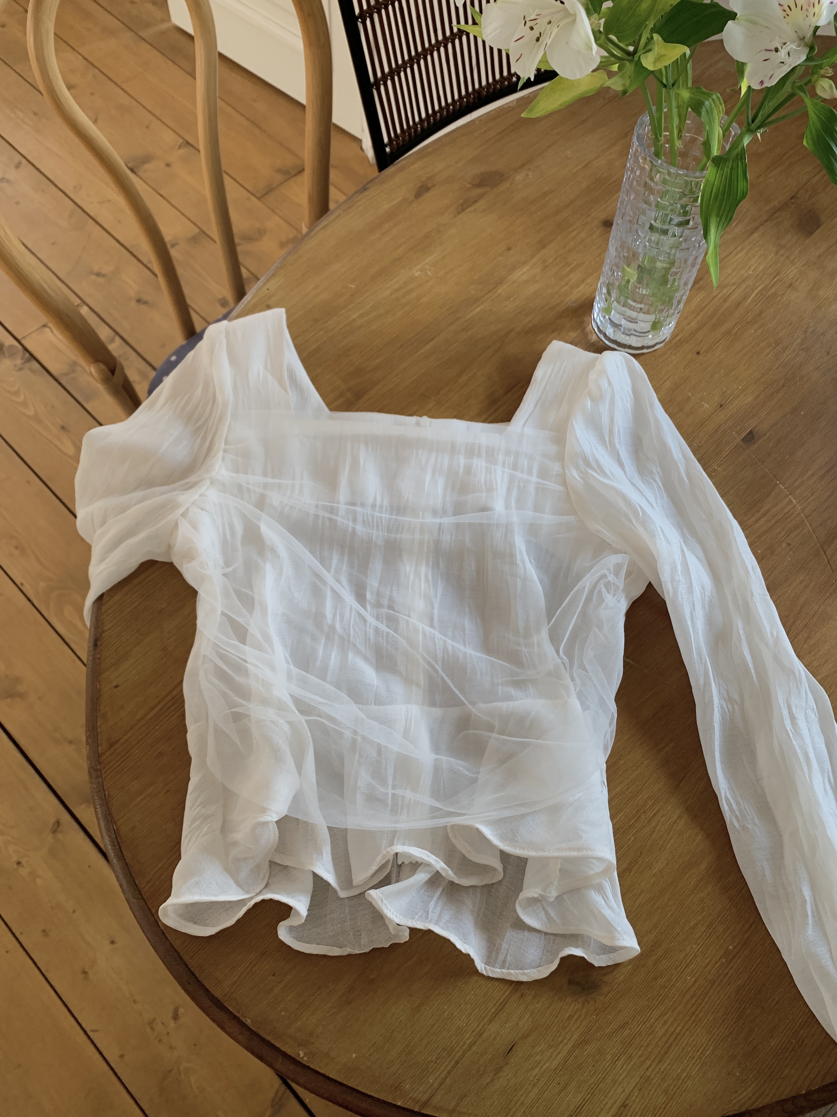 レーススクエアネックメロウリンクルパフスリーブクロップドルーズ長袖ギャザーヒドゥンジッパーブラウス | 詳細画像21