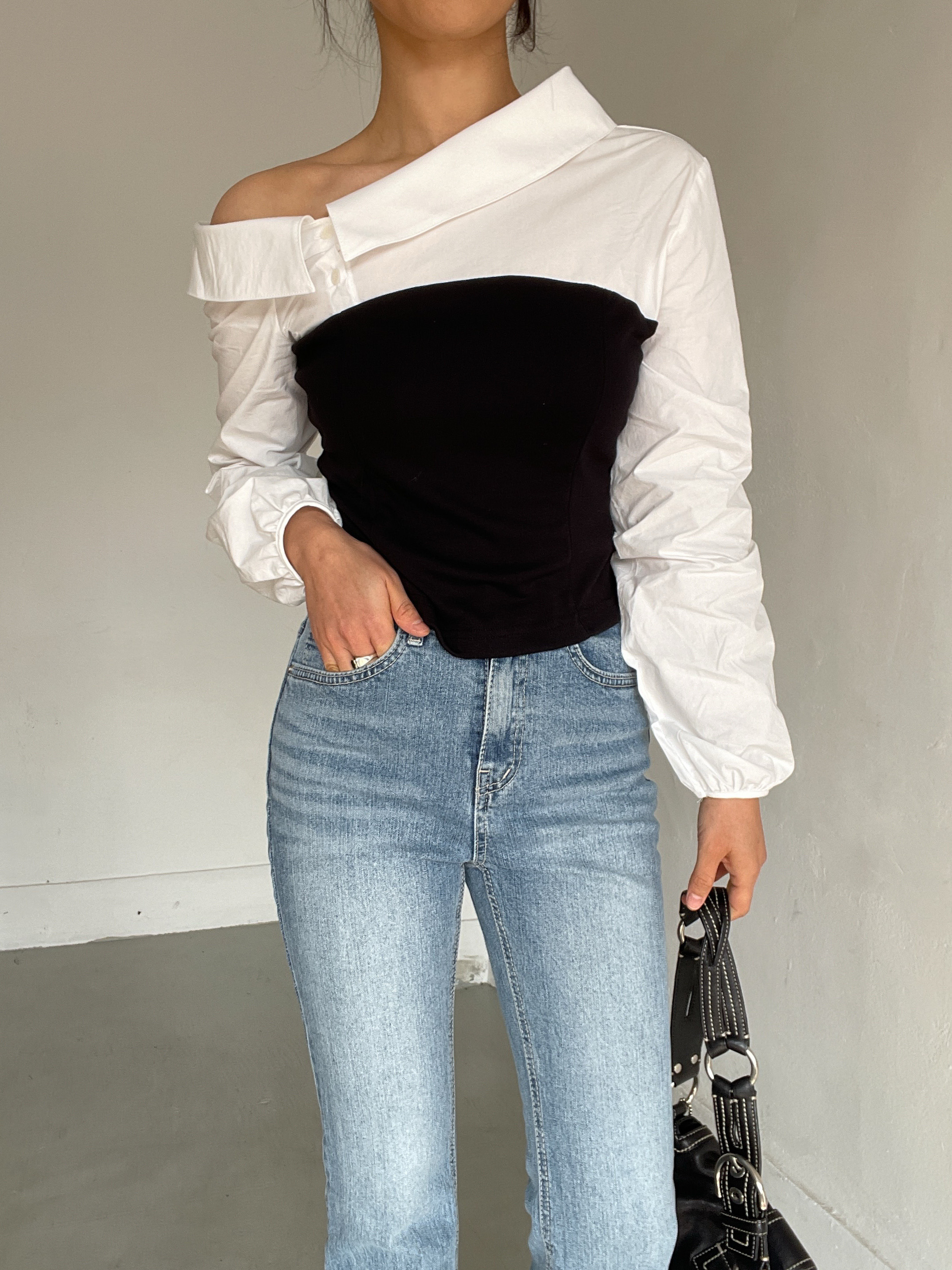 ワンショルダーパフスリーブクロップドレイヤード風アンバランス長袖配色ブラウス | 詳細画像5