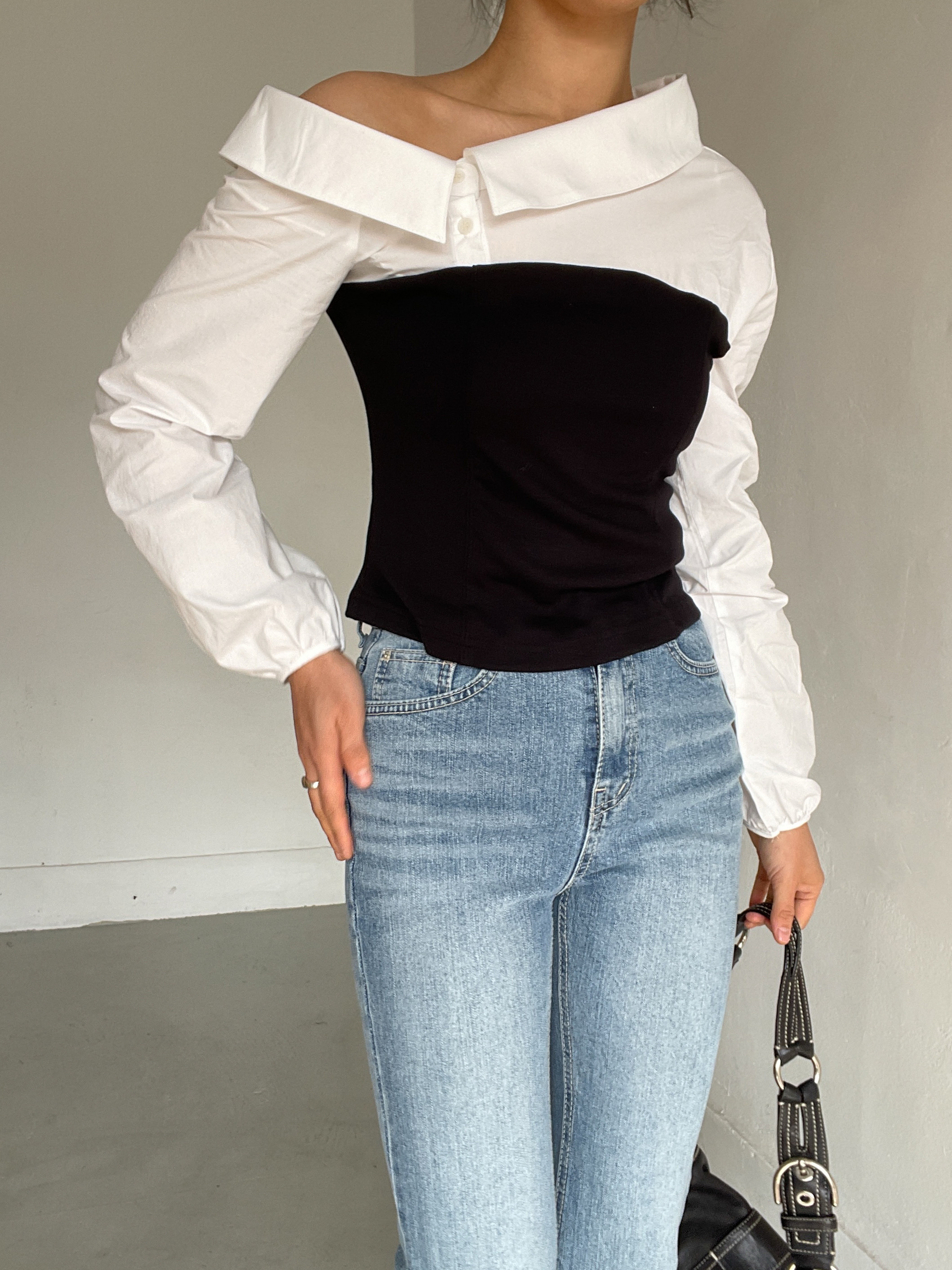 ワンショルダーパフスリーブクロップドレイヤード風アンバランス長袖配色ブラウス | 詳細画像6