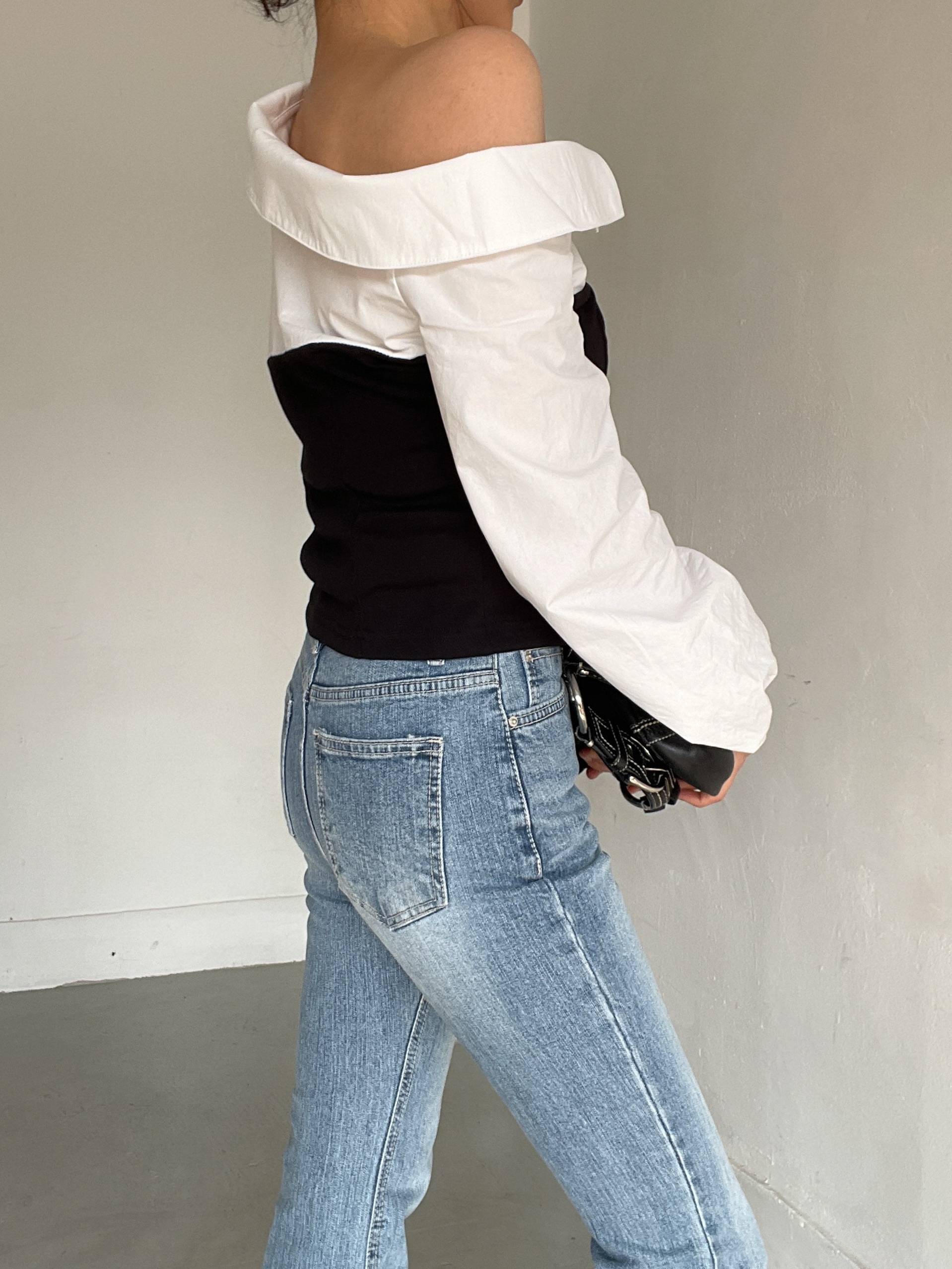 ワンショルダーパフスリーブクロップドレイヤード風アンバランス長袖配色ブラウス | 詳細画像8