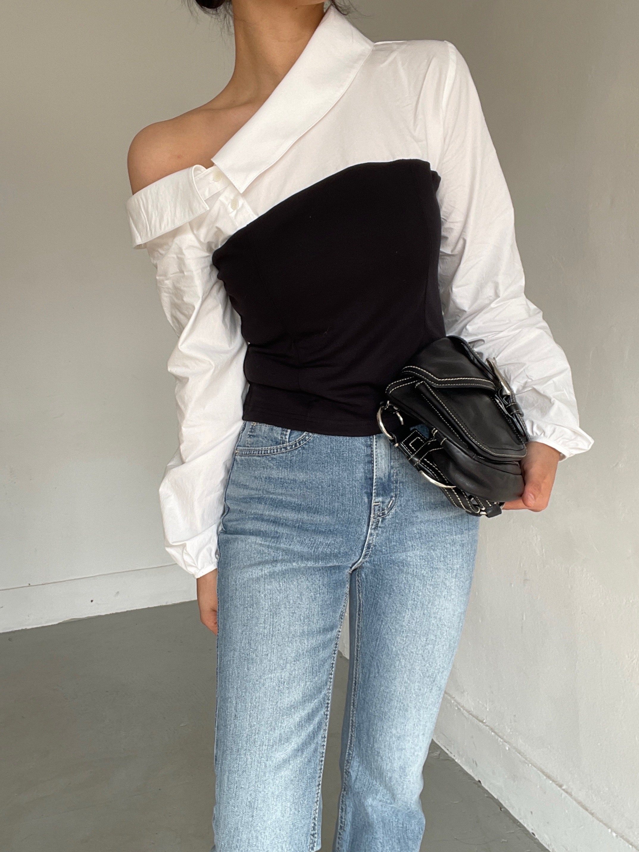 ワンショルダーパフスリーブクロップドレイヤード風アンバランス長袖配色ブラウス | 詳細画像10