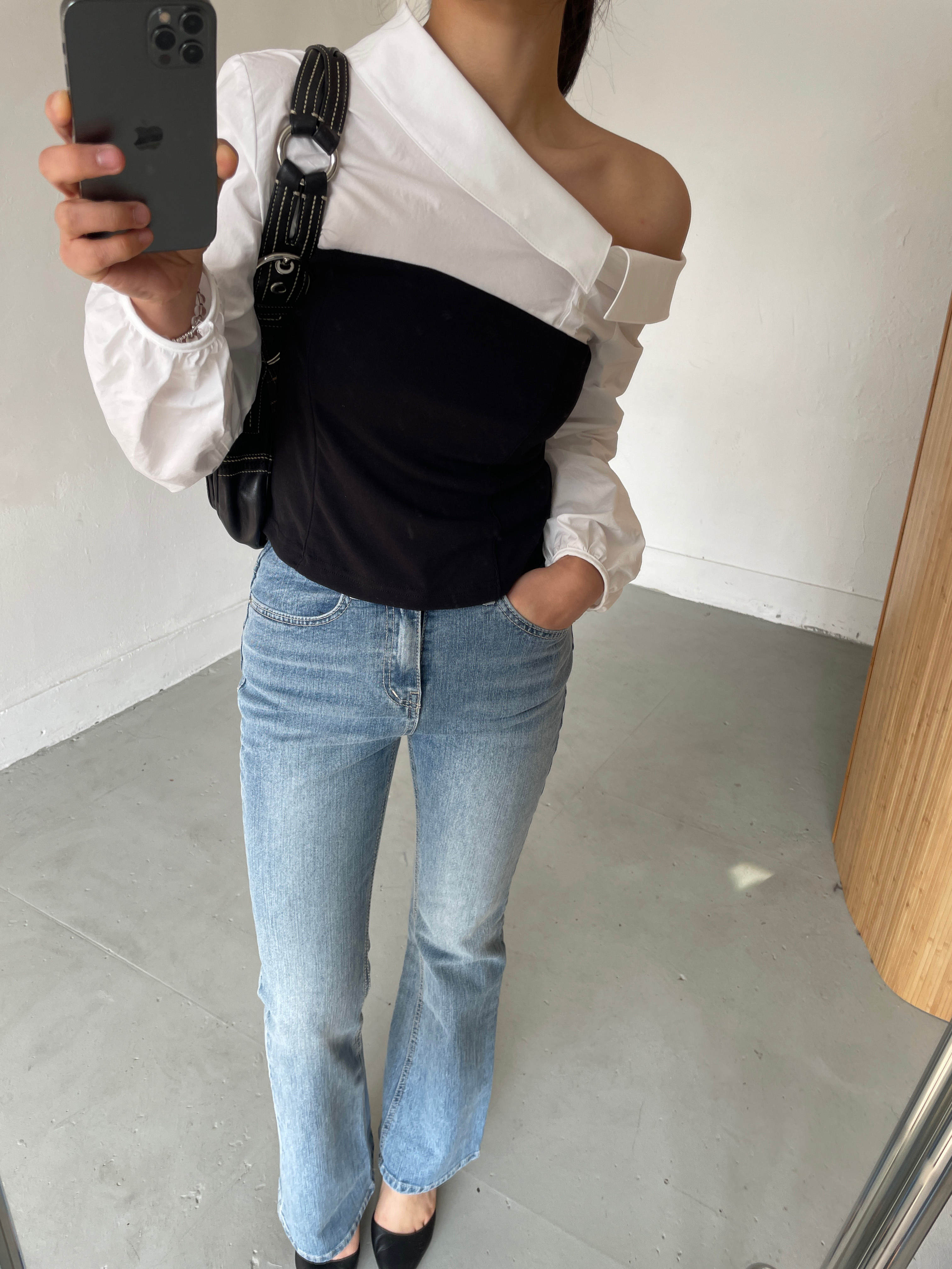 ワンショルダーパフスリーブクロップドレイヤード風アンバランス長袖配色ブラウス | 詳細画像13