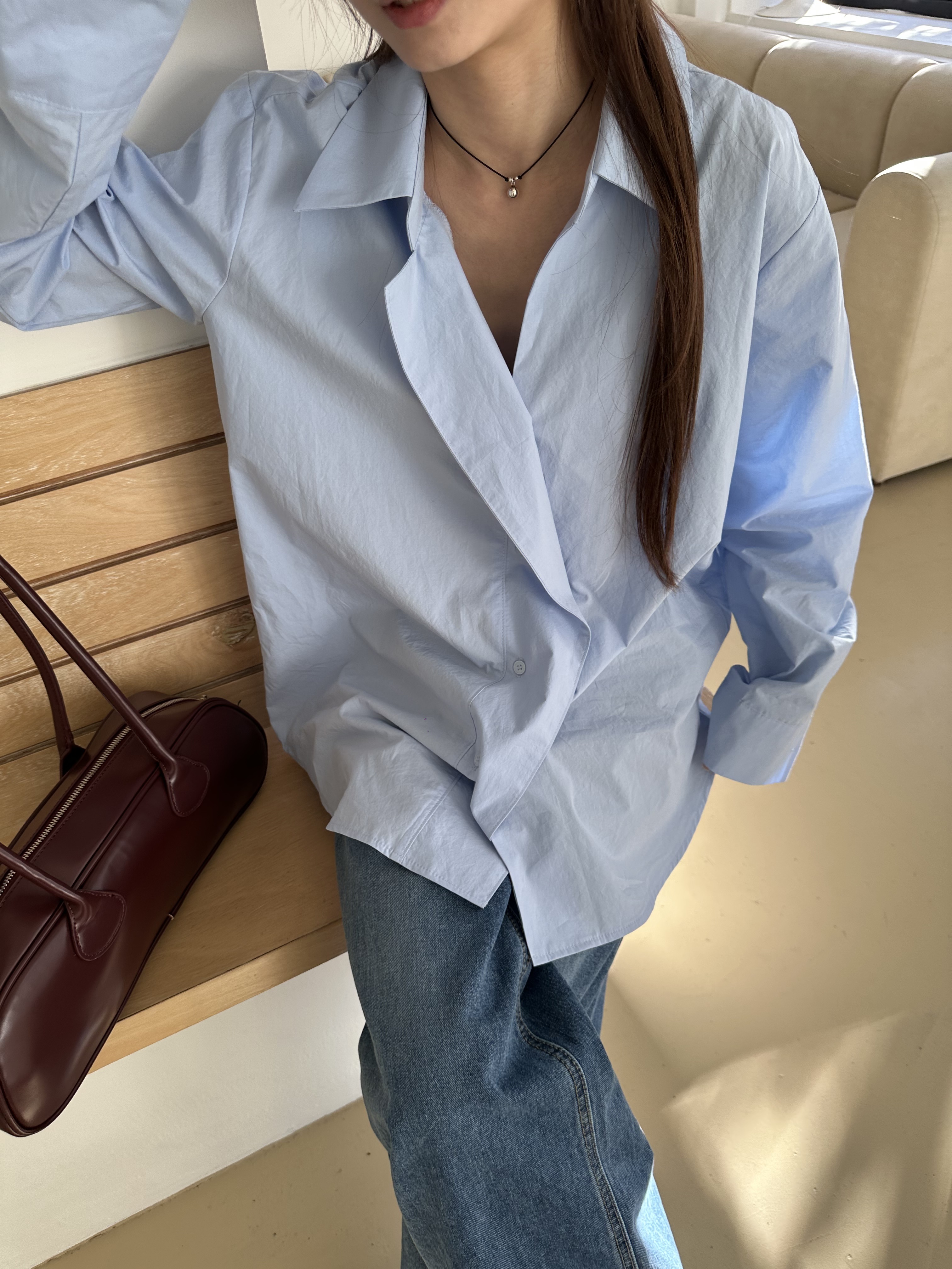 コットンボタンカラーオーバーサイズルーズ長袖ボタンスリーブ無地シャツ | 詳細画像3