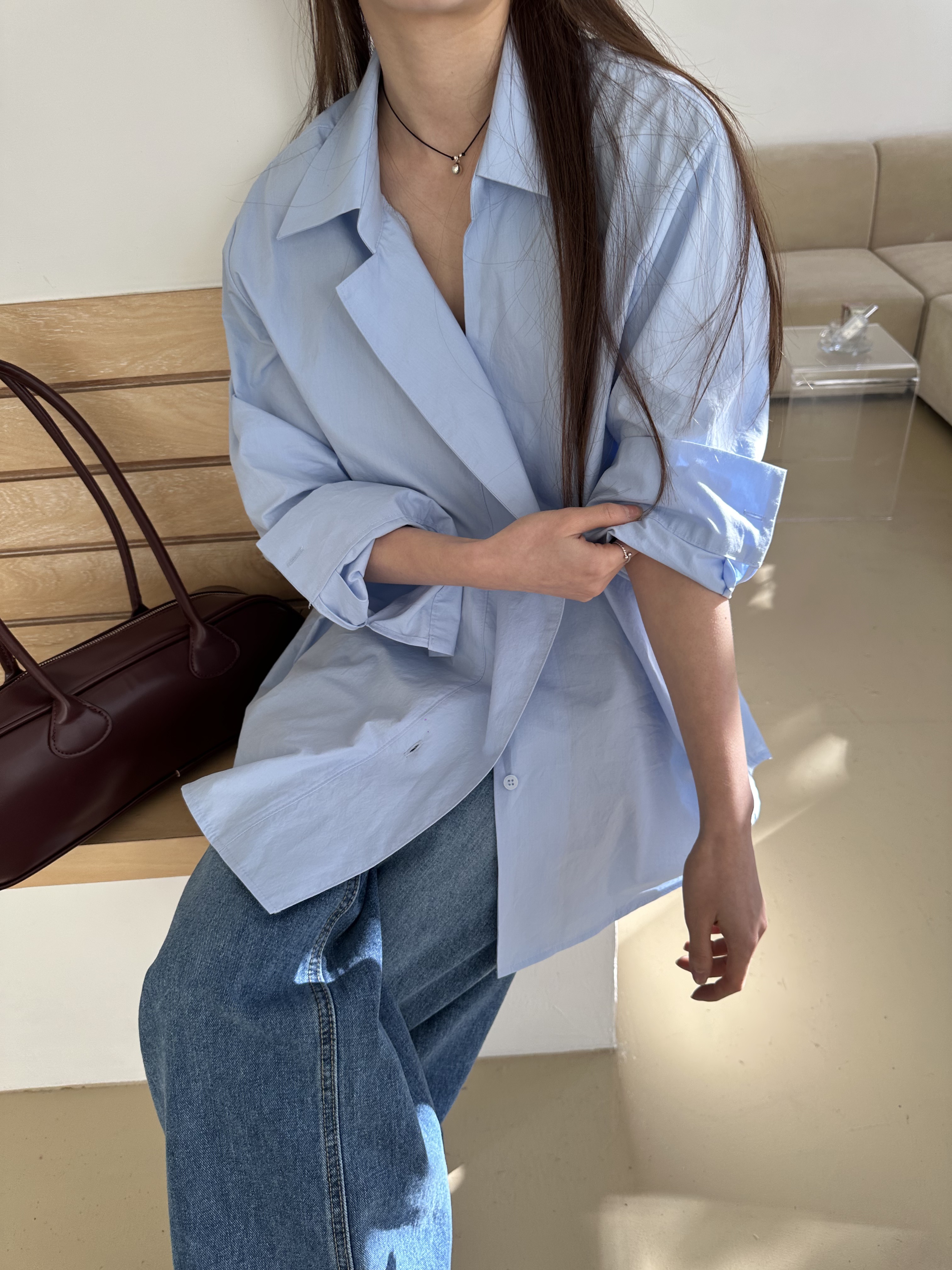 コットンボタンカラーオーバーサイズルーズ長袖ボタンスリーブ無地シャツ | 詳細画像4