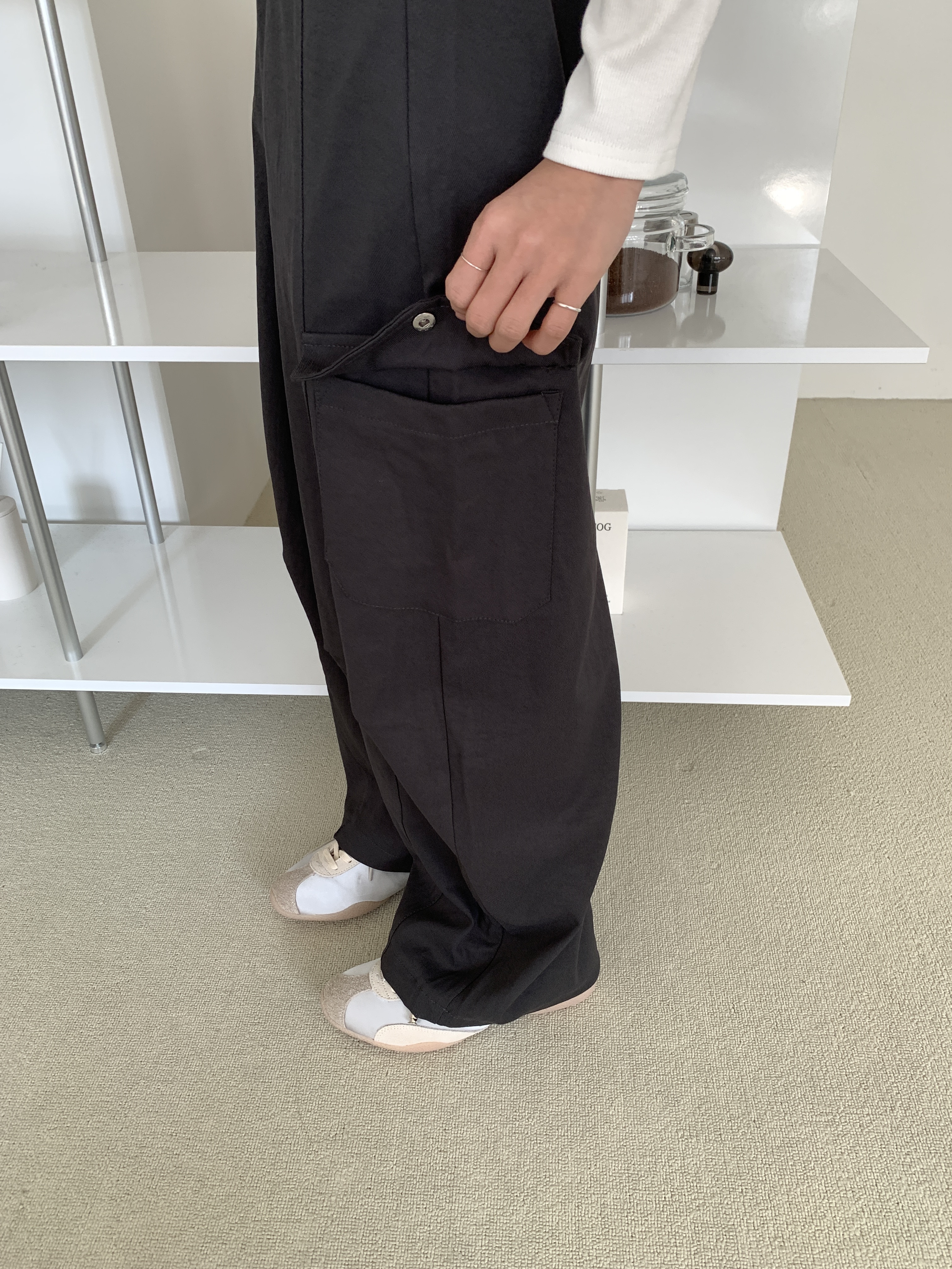 ポケットウエストゴムカーゴドローコードワンボタンワイドループ無地パンツ | 詳細画像7