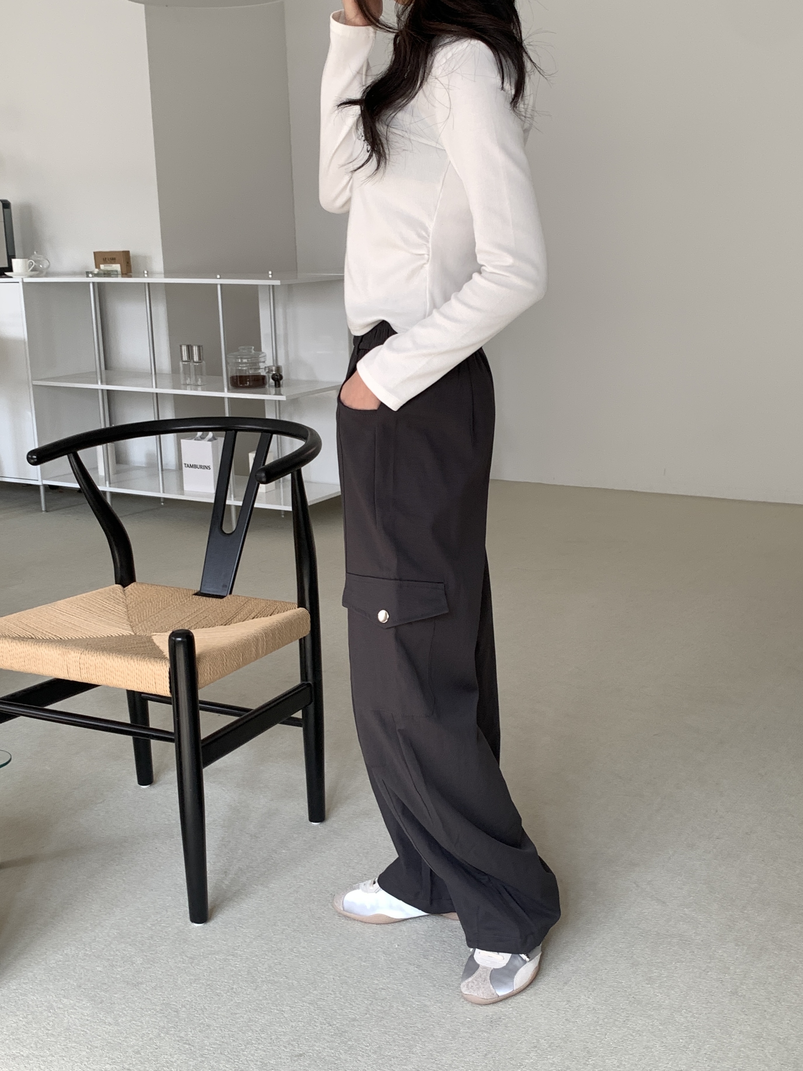 ポケットウエストゴムカーゴドローコードワンボタンワイドループ無地パンツ | 詳細画像11