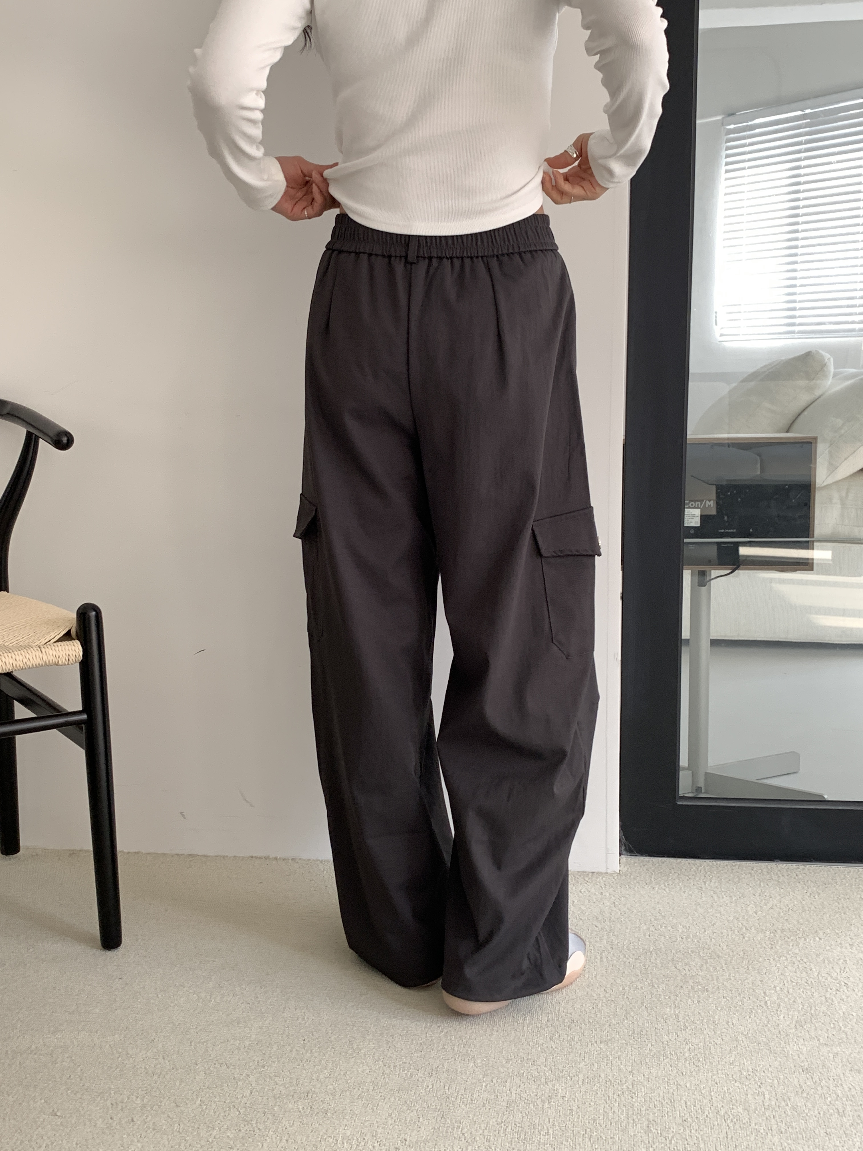 ポケットウエストゴムカーゴドローコードワンボタンワイドループ無地パンツ | 詳細画像14