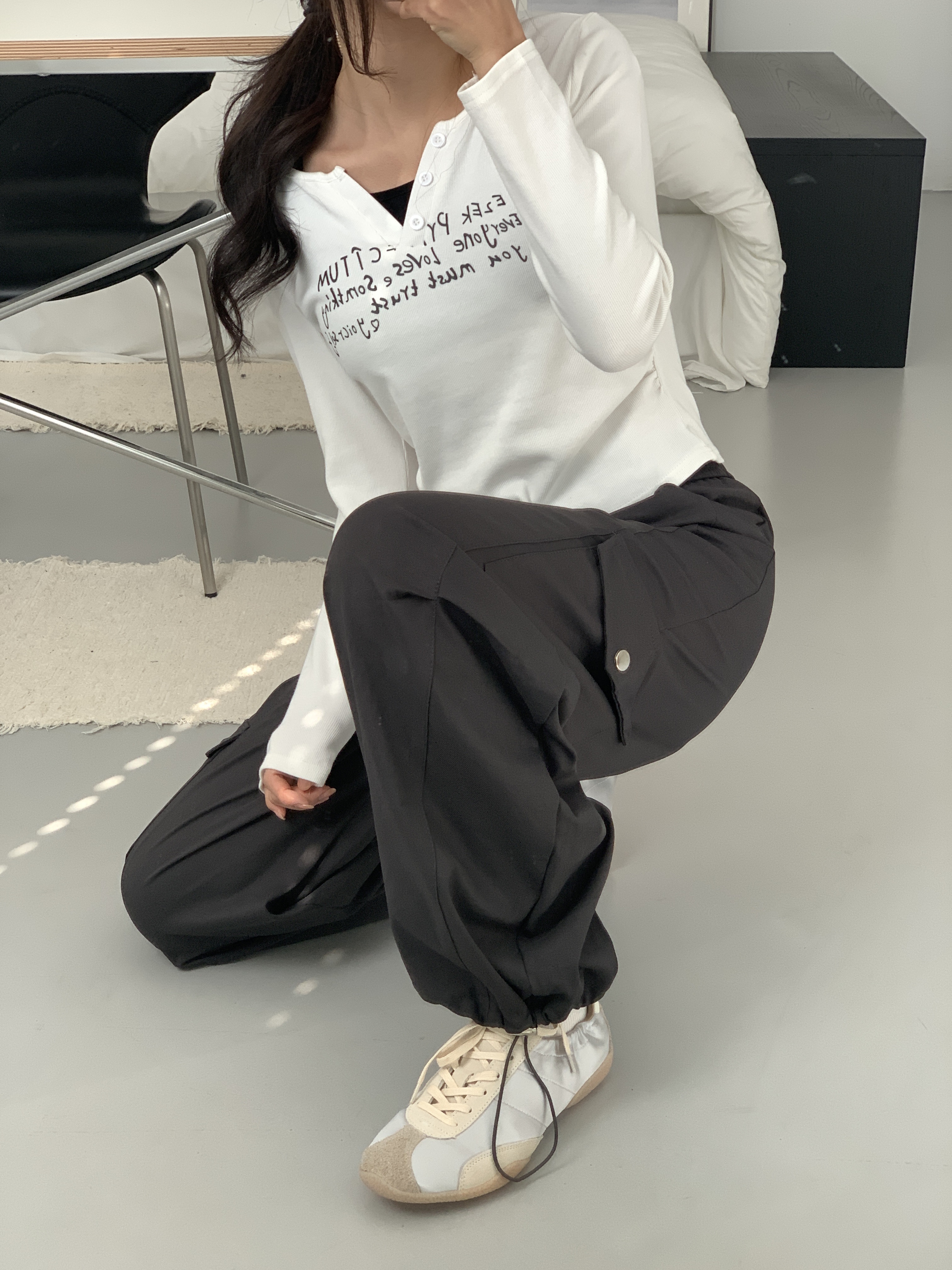 ポケットウエストゴムカーゴドローコードワンボタンワイドループ無地パンツ | 詳細画像17