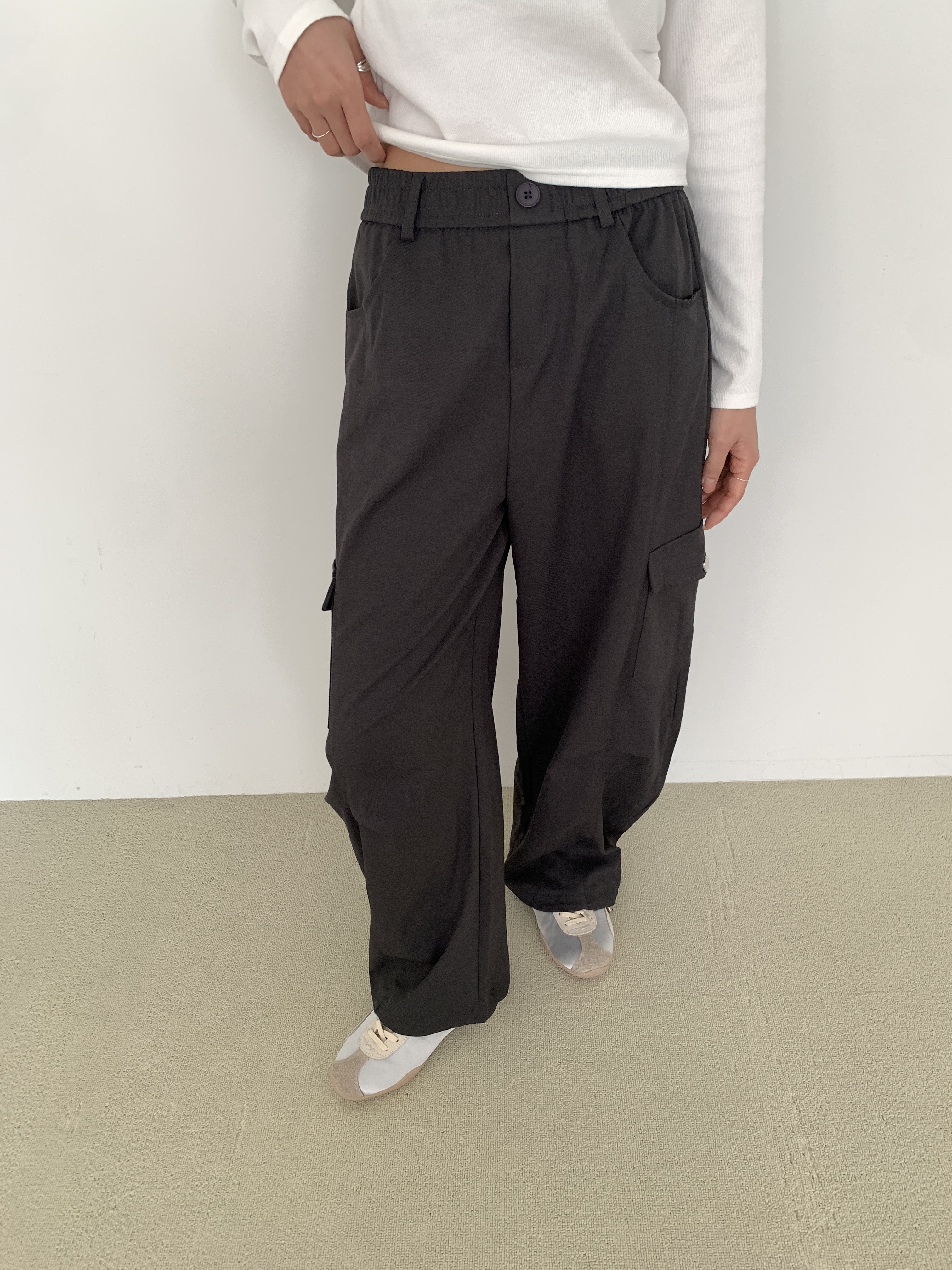 ポケットウエストゴムカーゴドローコードワンボタンワイドループ無地パンツ | 詳細画像20