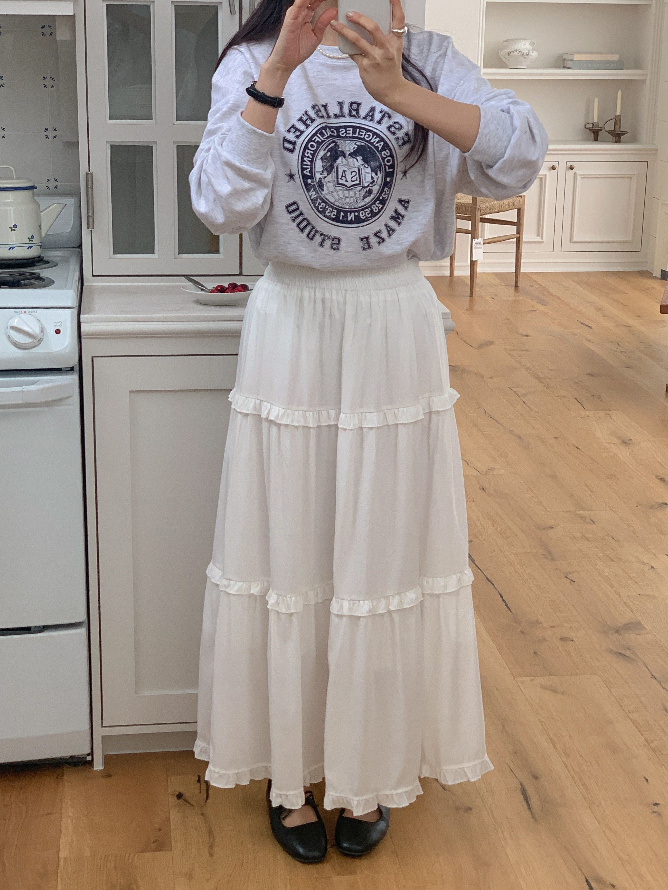 シャーリングフリルティアードウエストゴムフレア無地スカート | 詳細画像2