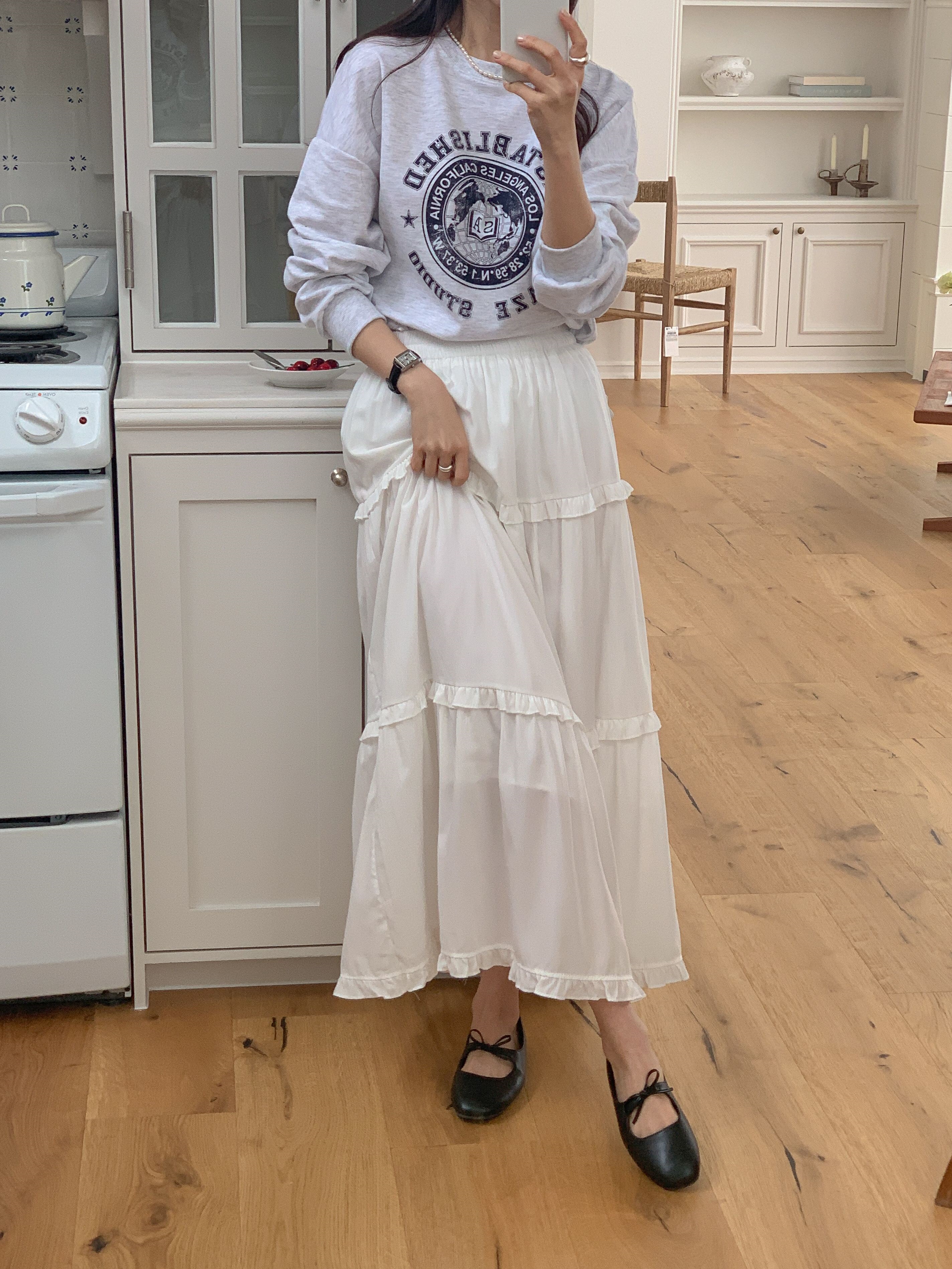 シャーリングフリルティアードウエストゴムフレア無地スカート | 詳細画像6