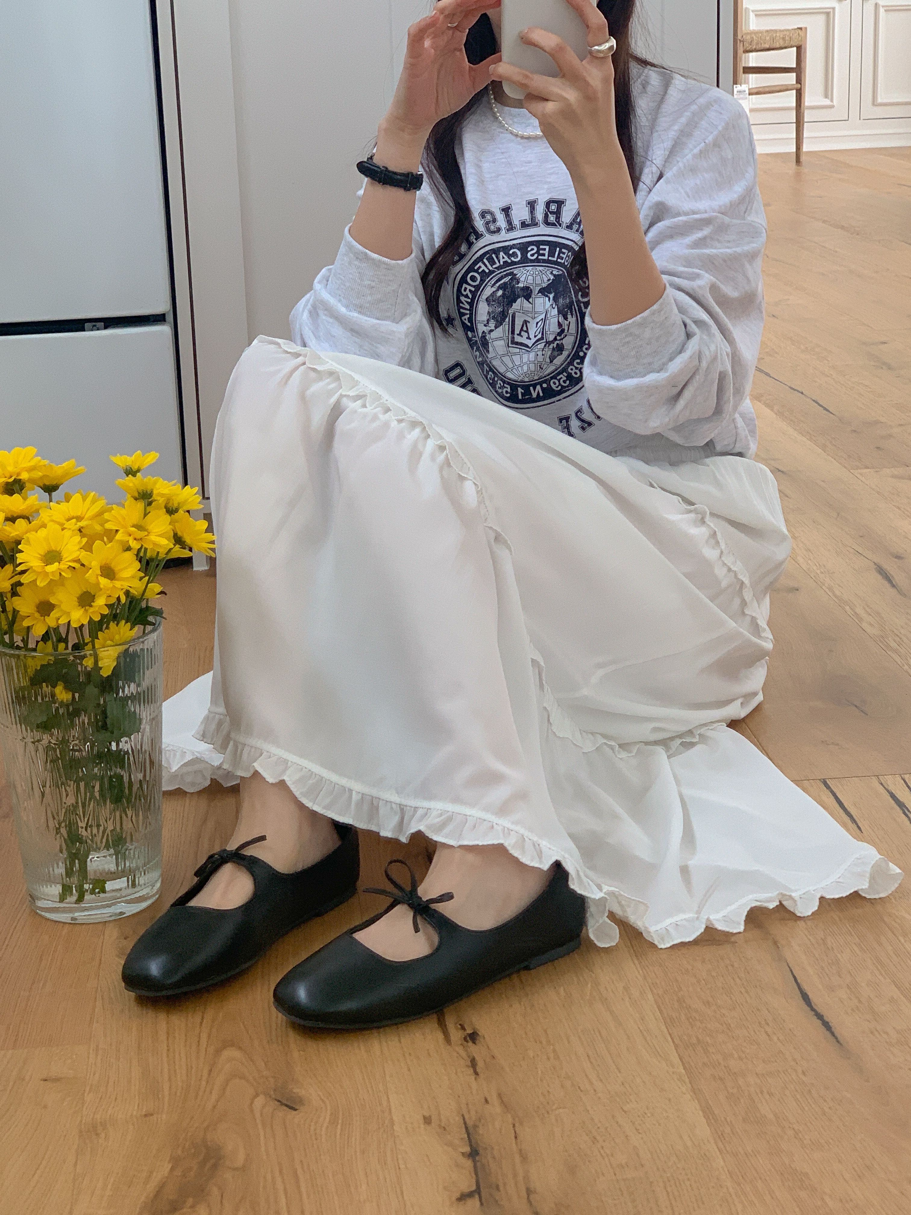 シャーリングフリルティアードウエストゴムフレア無地スカート | 詳細画像7