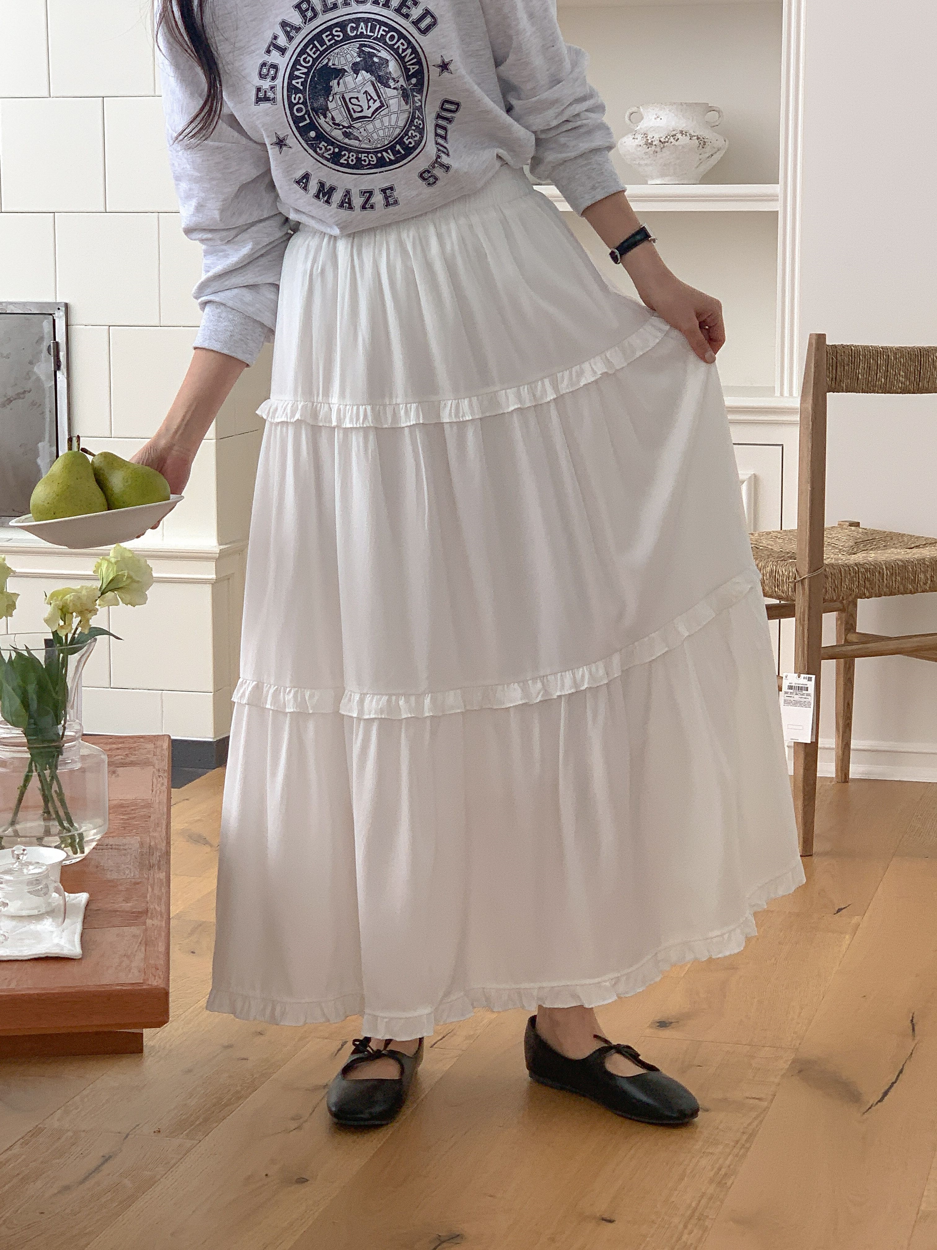 シャーリングフリルティアードウエストゴムフレア無地スカート | 詳細画像8