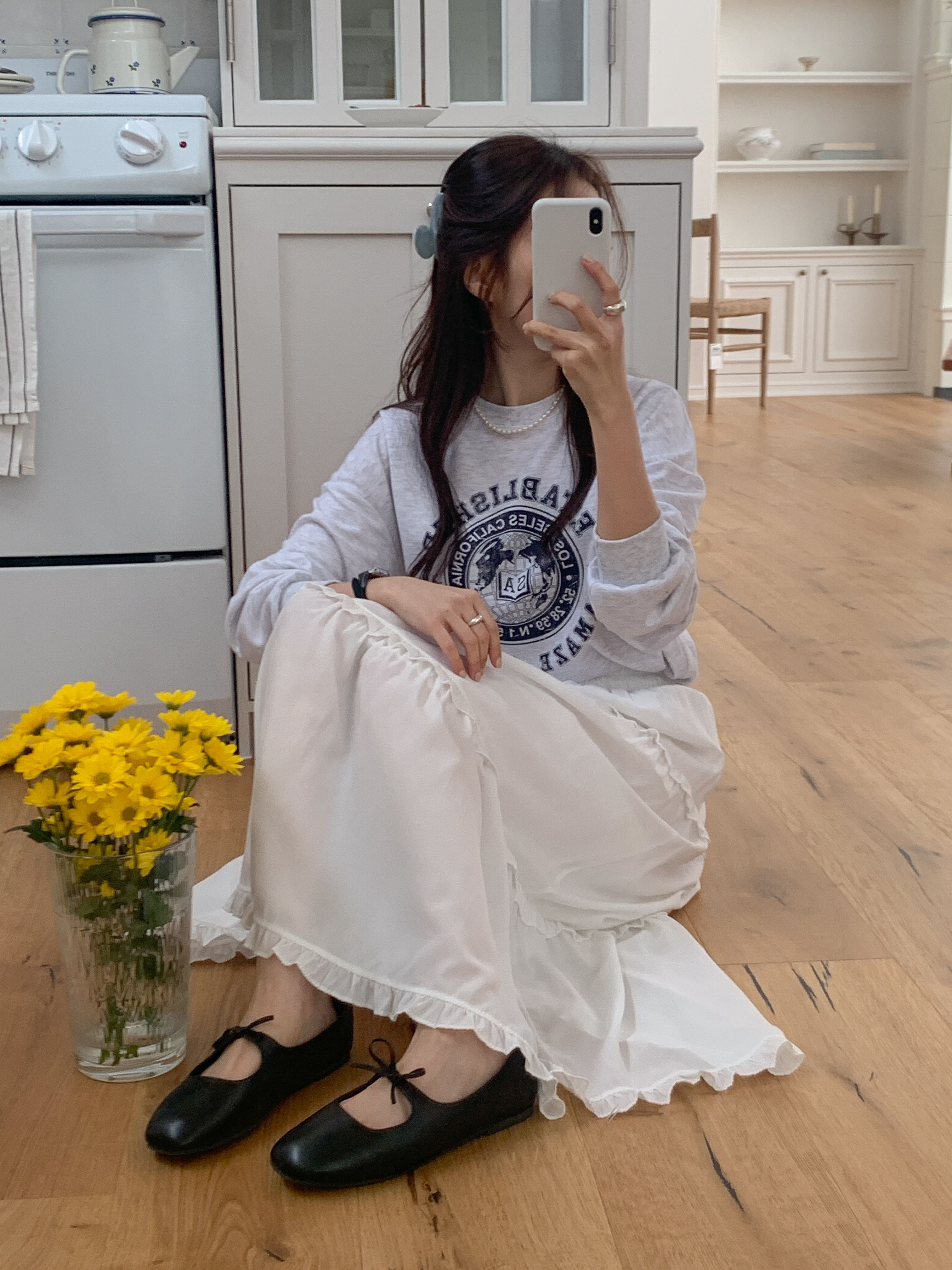 シャーリングフリルティアードウエストゴムフレア無地スカート | 詳細画像9