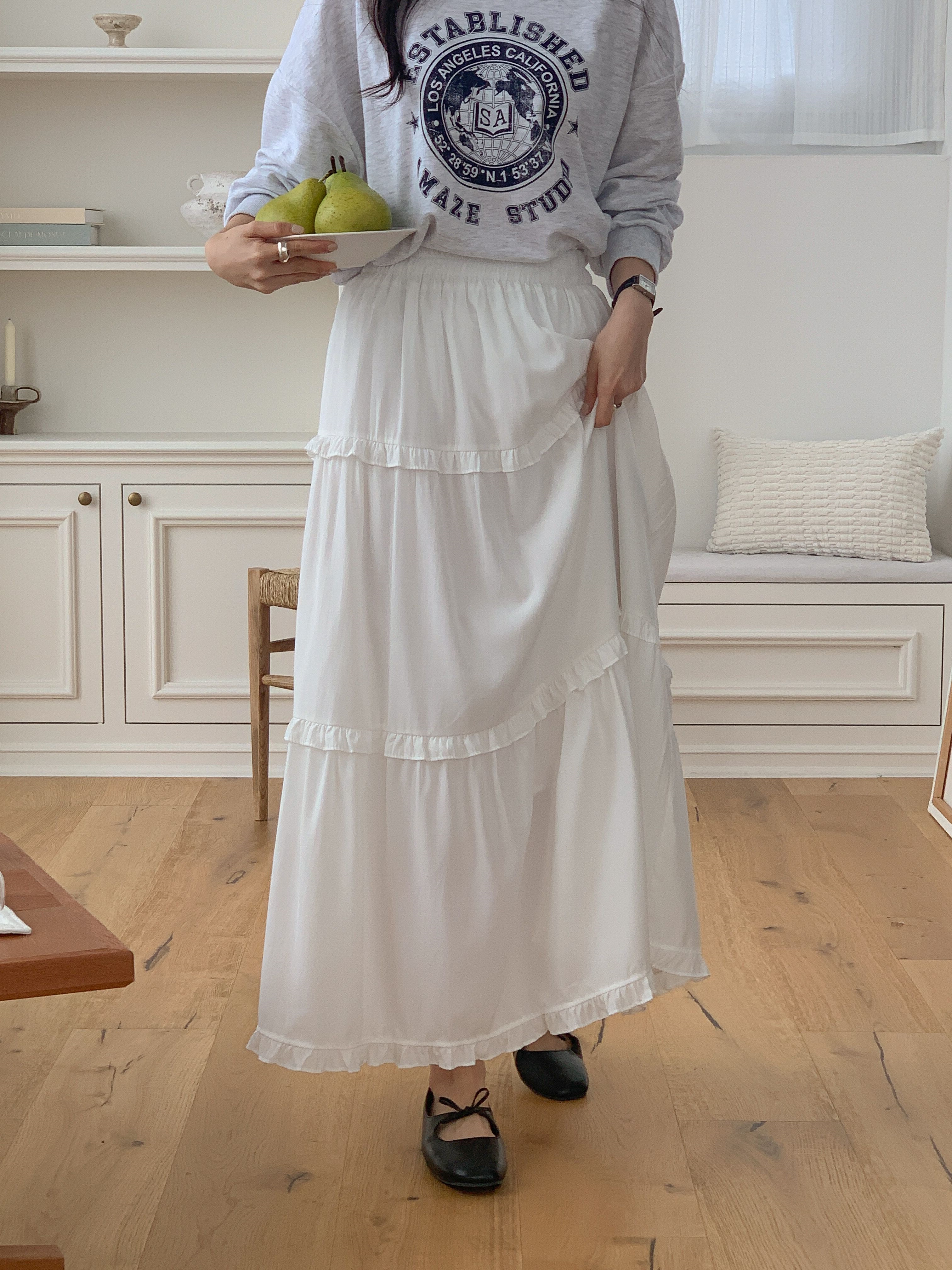 シャーリングフリルティアードウエストゴムフレア無地スカート | 詳細画像13