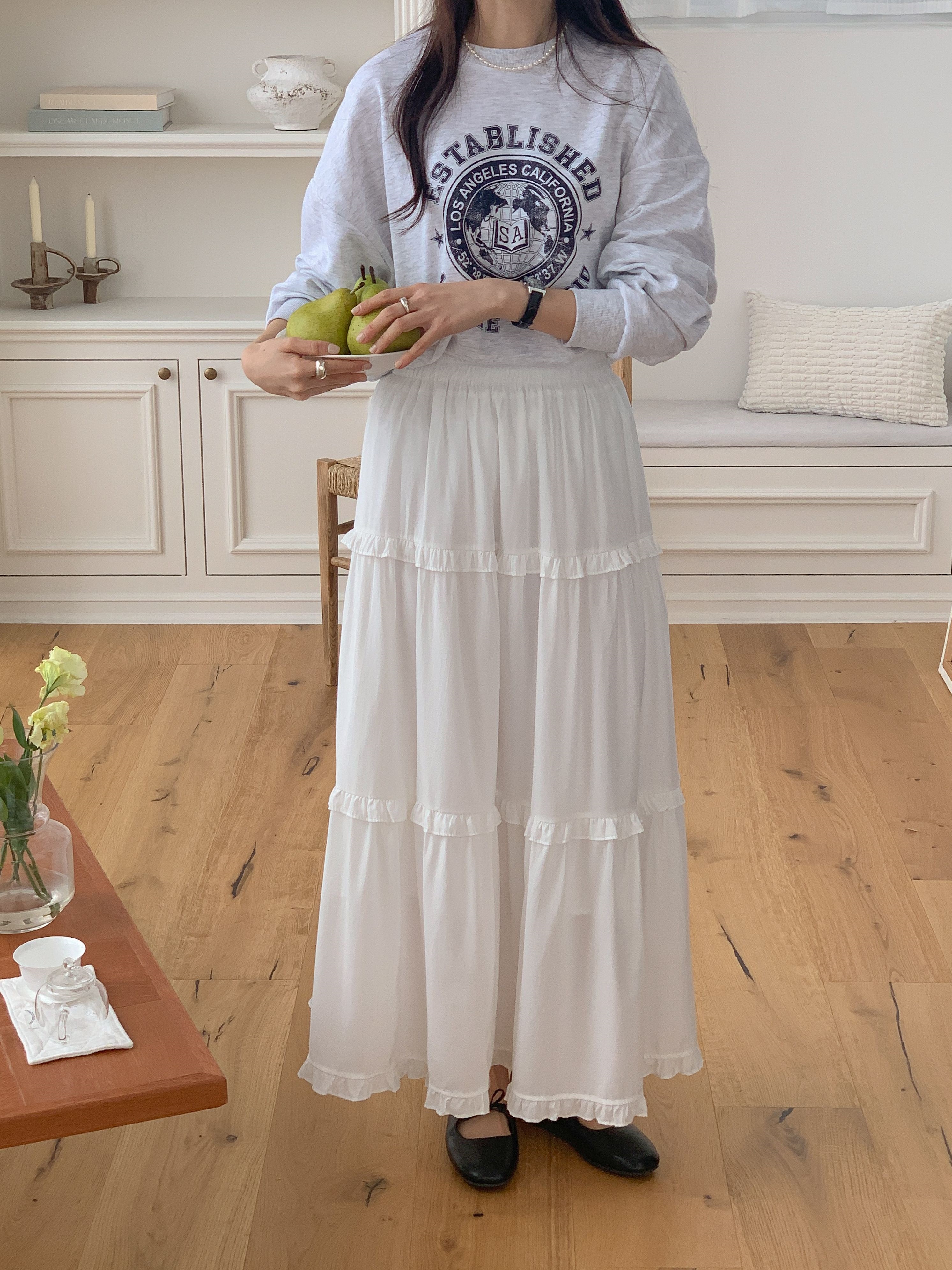 シャーリングフリルティアードウエストゴムフレア無地スカート | 詳細画像16