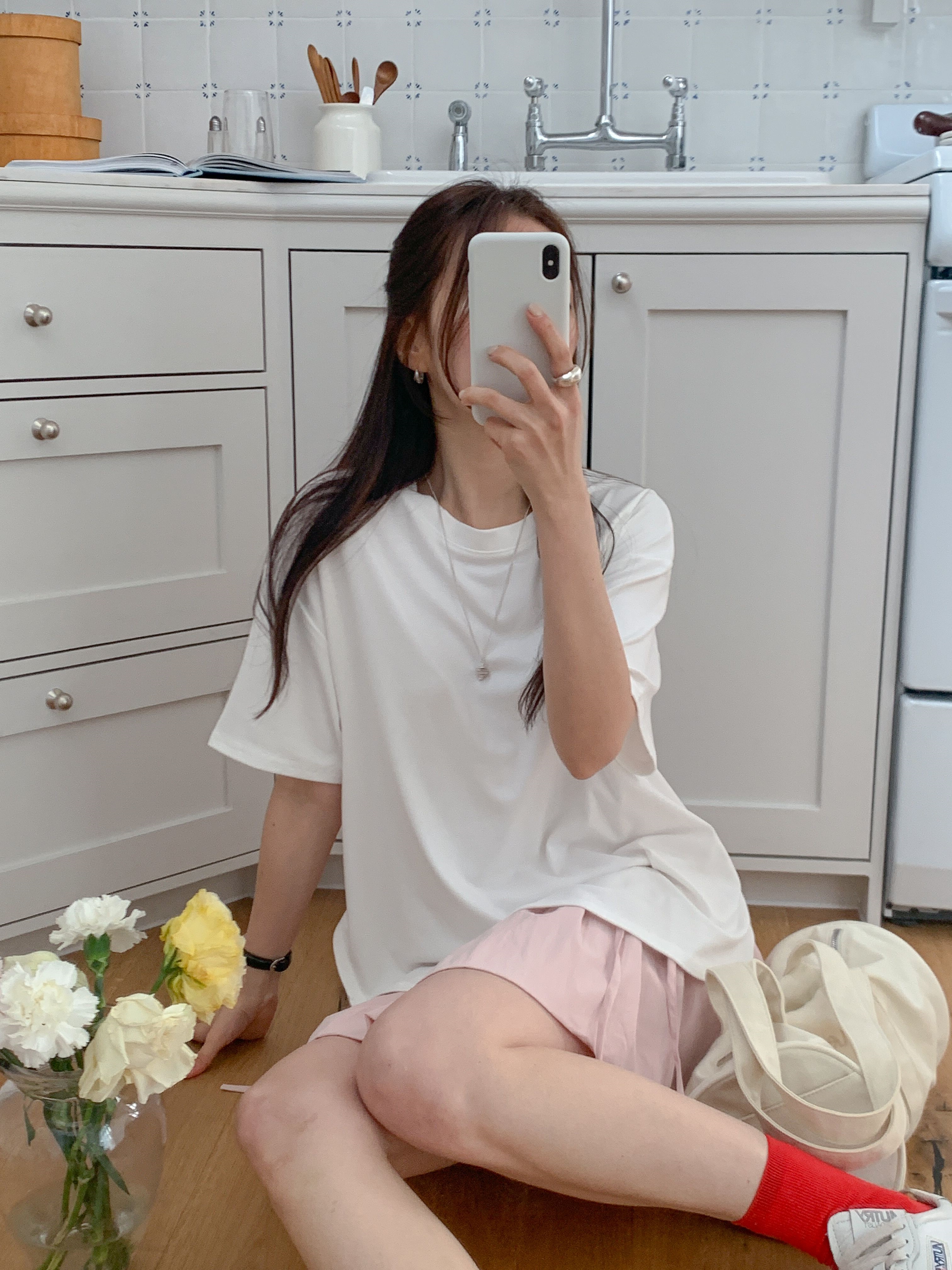 ラウンドネックスリットオーバーサイズボクシー半袖ドロップショルダー無地Tシャツ | 詳細画像2