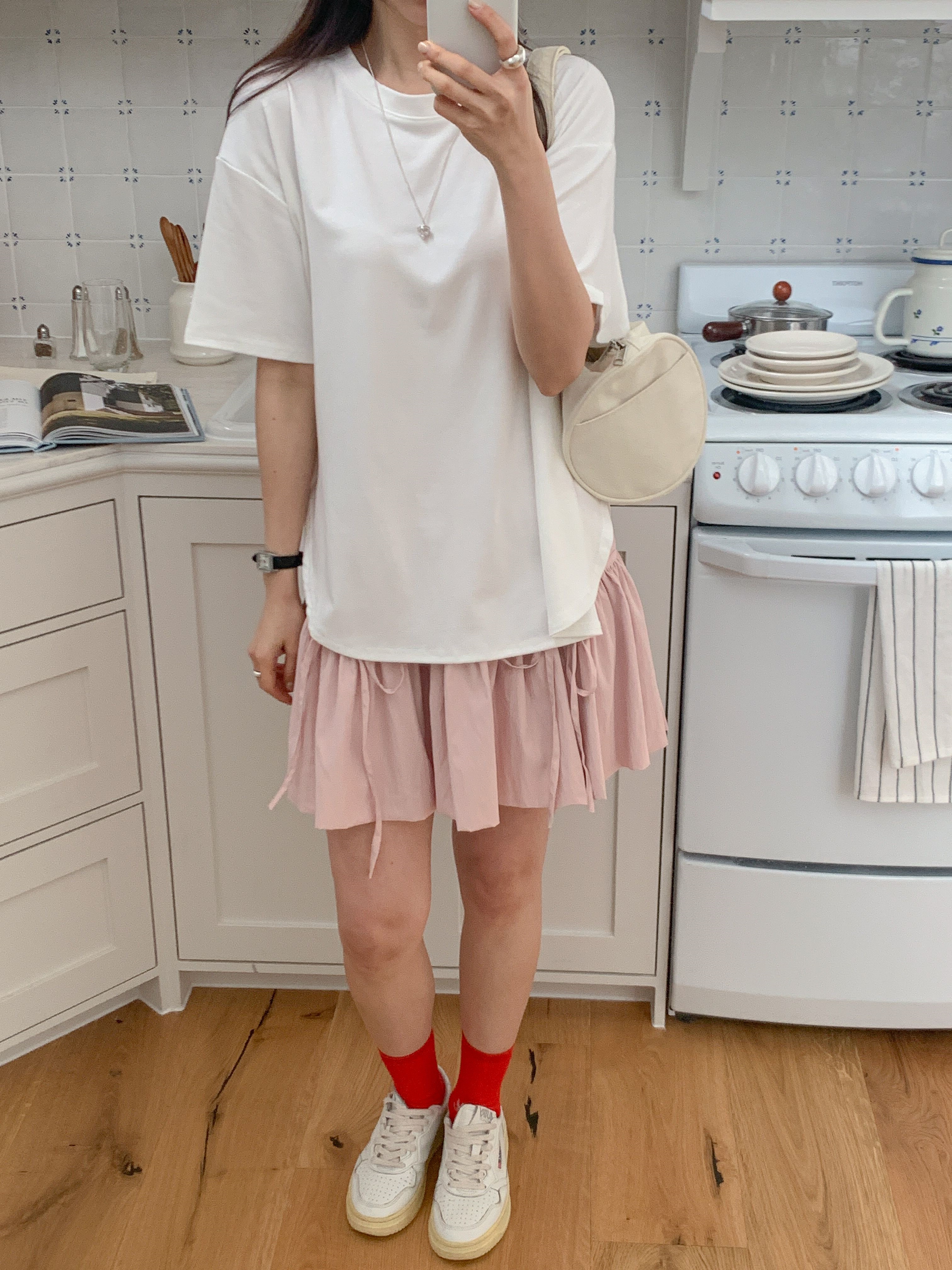 ラウンドネックスリットオーバーサイズボクシー半袖ドロップショルダー無地Tシャツ | 詳細画像5