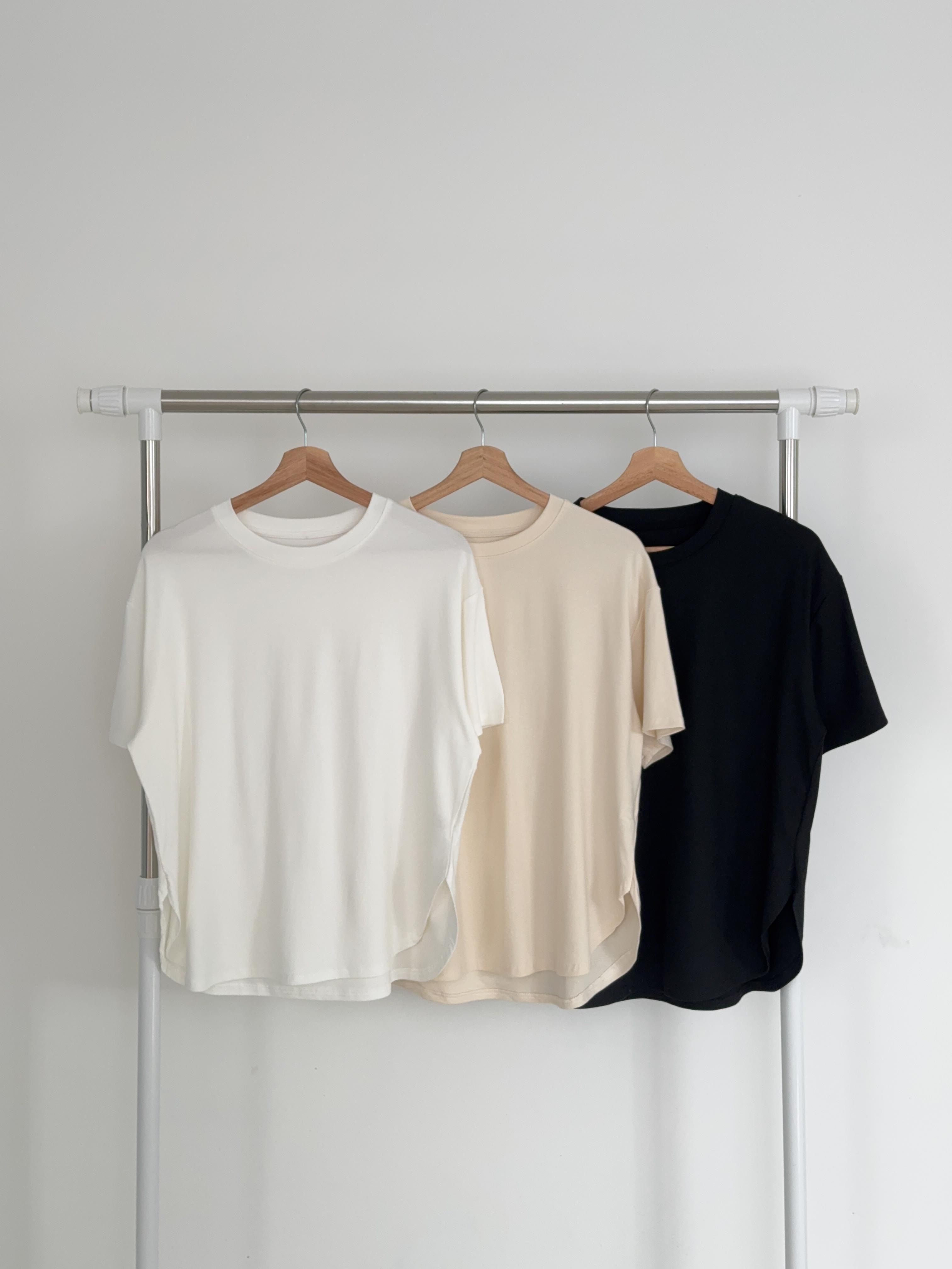 ラウンドネックスリットオーバーサイズボクシー半袖ドロップショルダー無地Tシャツ | 詳細画像21