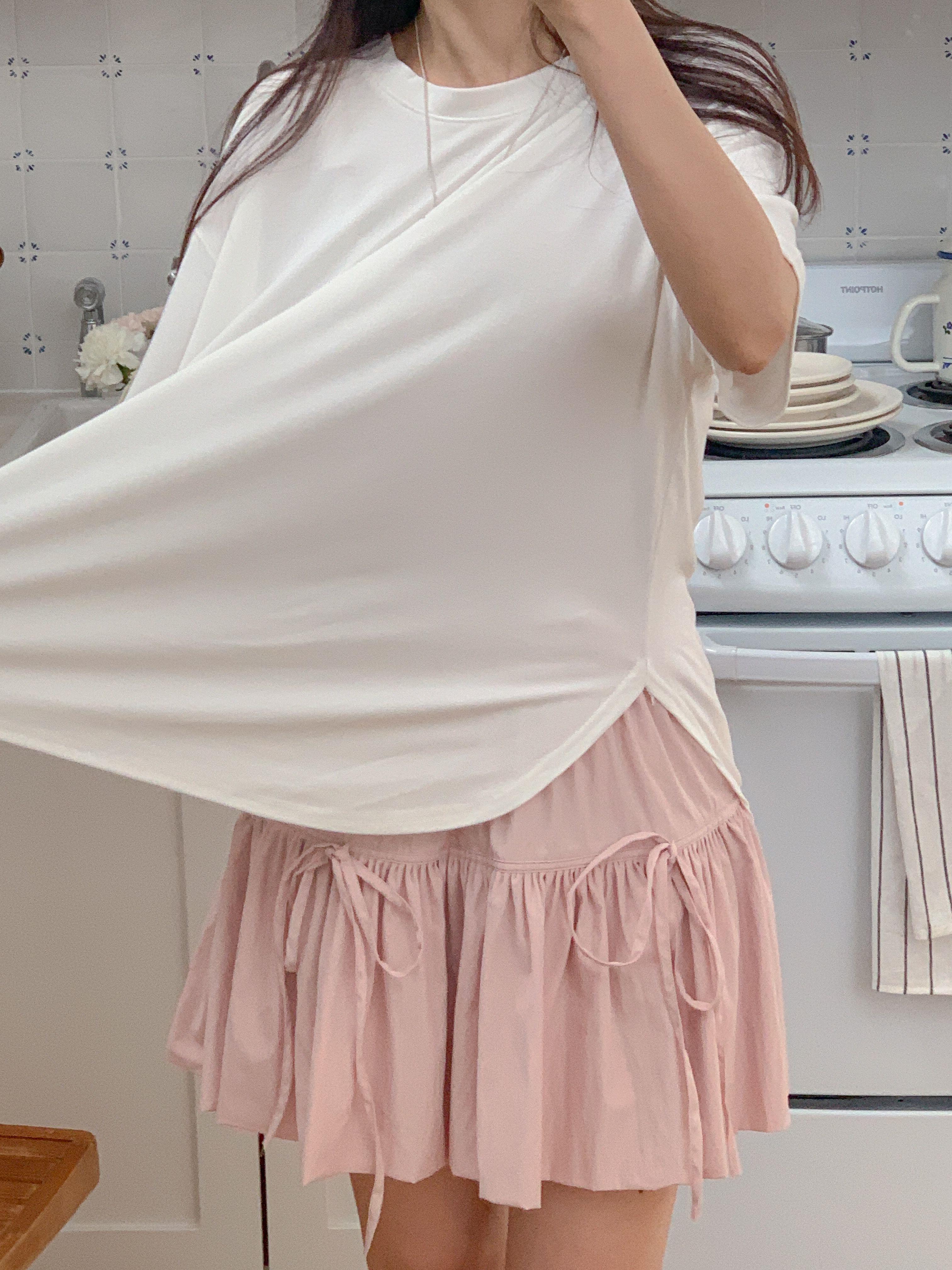 ラウンドネックスリットオーバーサイズボクシー半袖ドロップショルダー無地Tシャツ | 詳細画像13