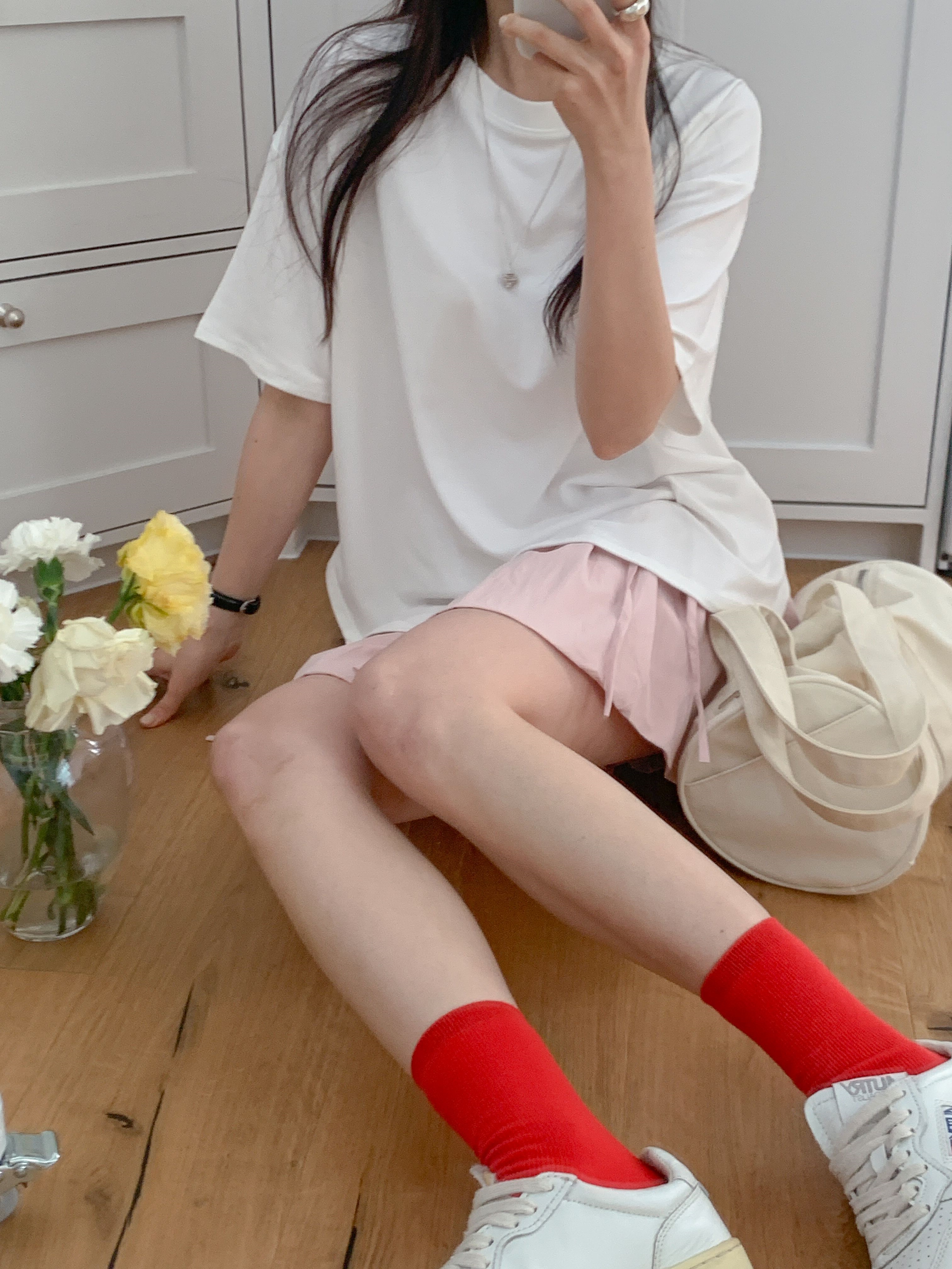 ラウンドネックスリットオーバーサイズボクシー半袖ドロップショルダー無地Tシャツ | 詳細画像14