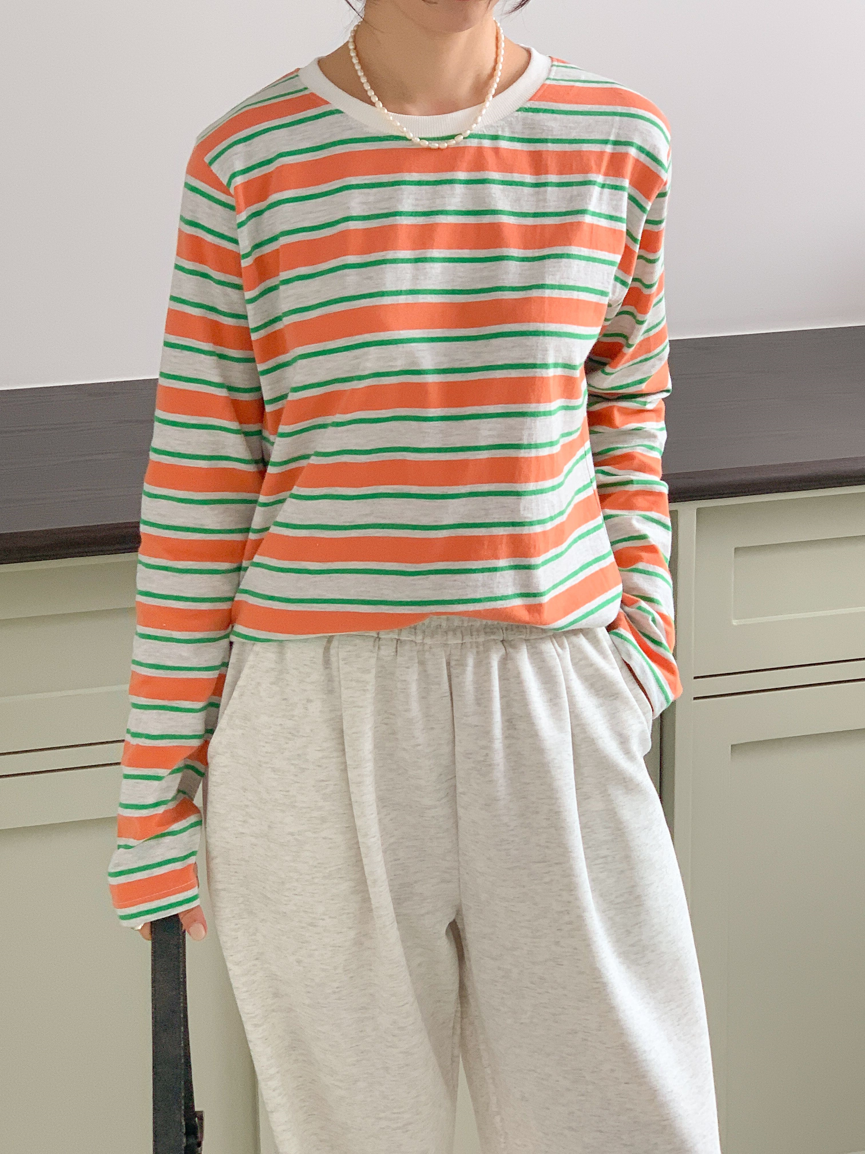 コットンラウンドネックルーズ長袖ボーダーTシャツ | 詳細画像4