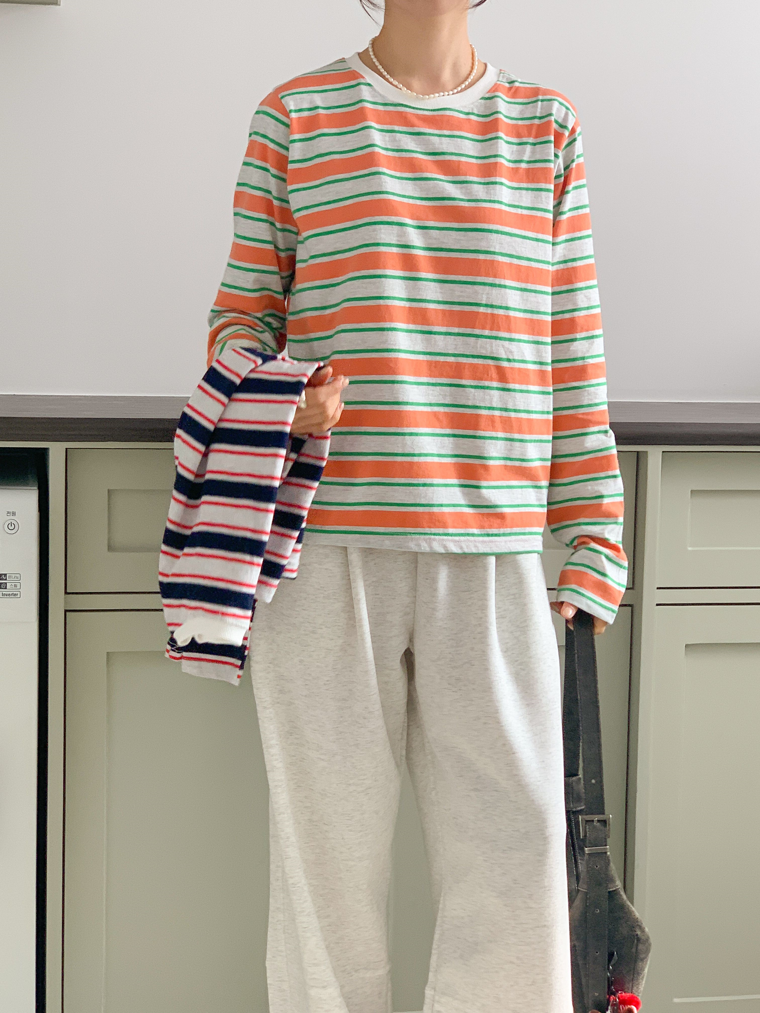 コットンラウンドネックルーズ長袖ボーダーTシャツ | 詳細画像6