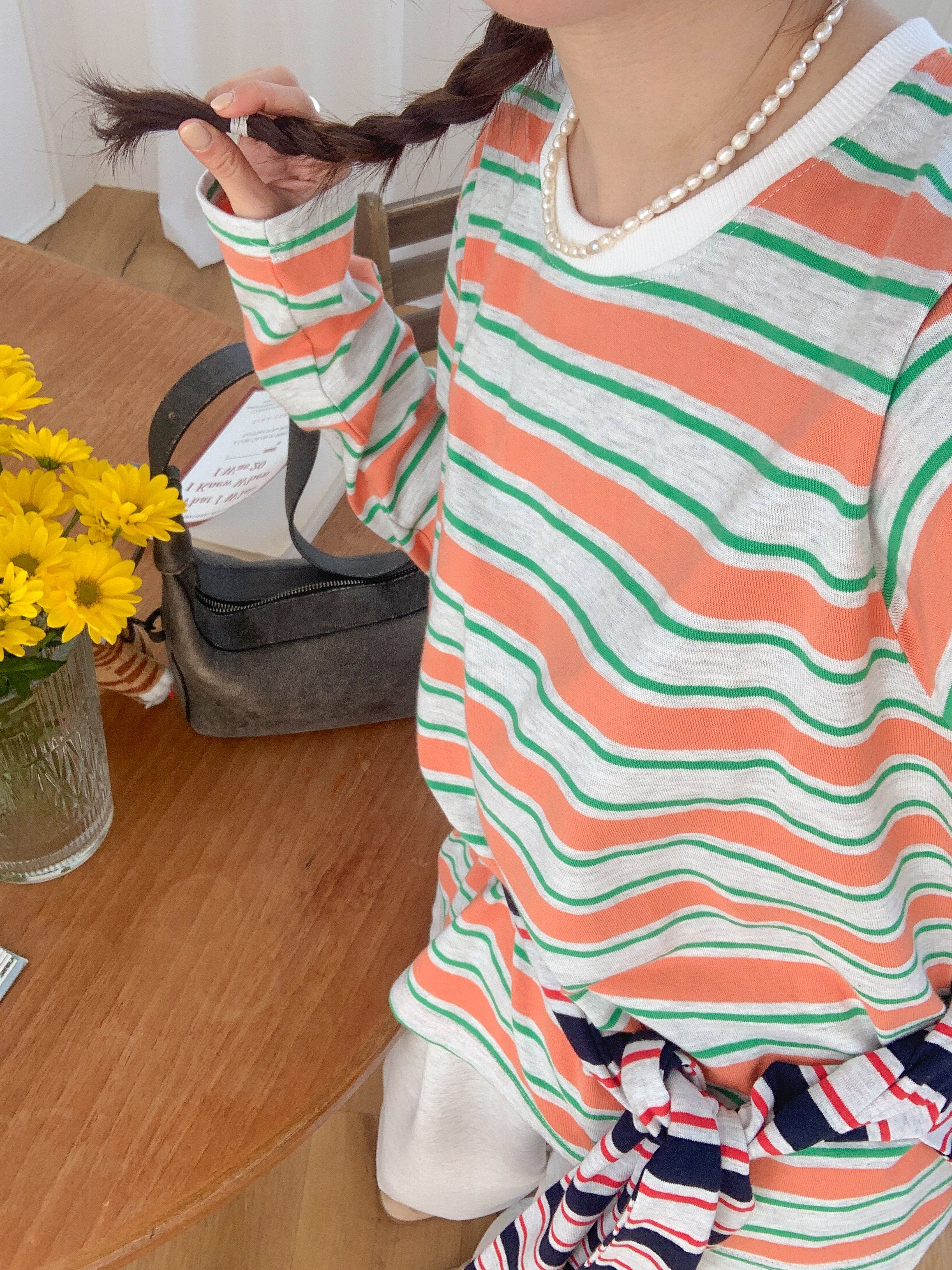 コットンラウンドネックルーズ長袖ボーダーTシャツ | 詳細画像7