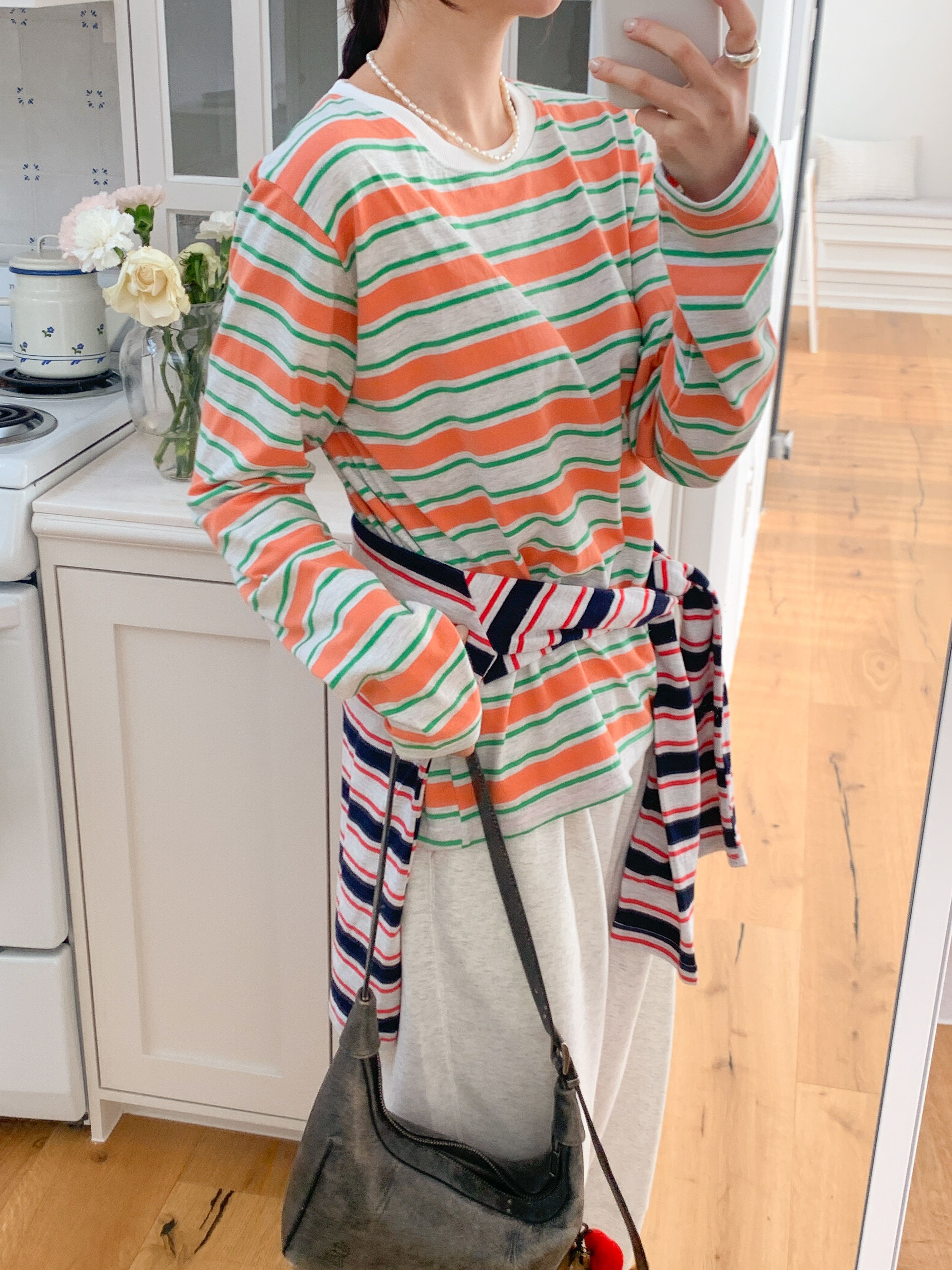 コットンラウンドネックルーズ長袖ボーダーTシャツ | 詳細画像8