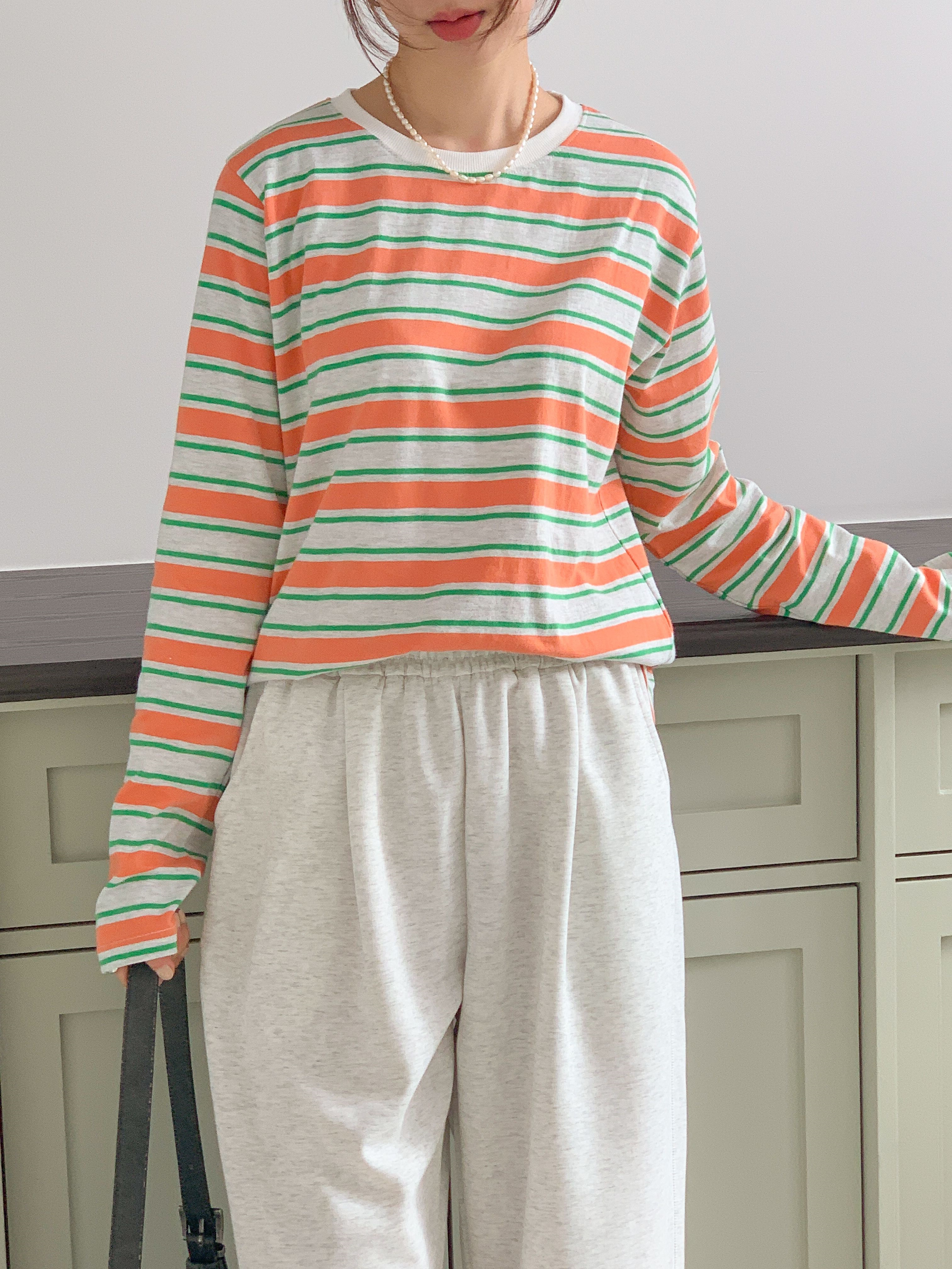 コットンラウンドネックルーズ長袖ボーダーTシャツ | 詳細画像9