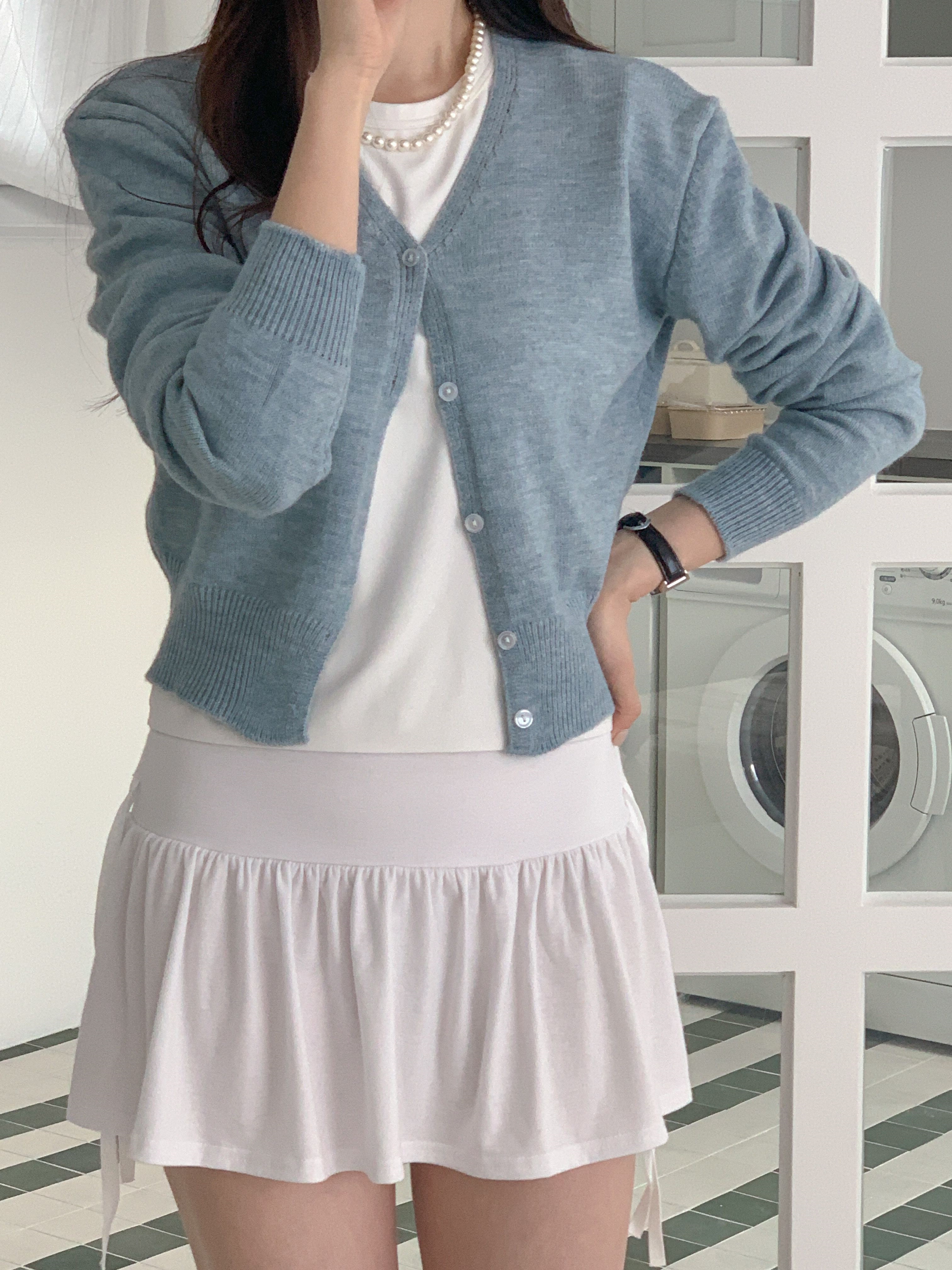 ボタンVネックルーズ長袖セミクロップド無地カーディガン | 詳細画像7