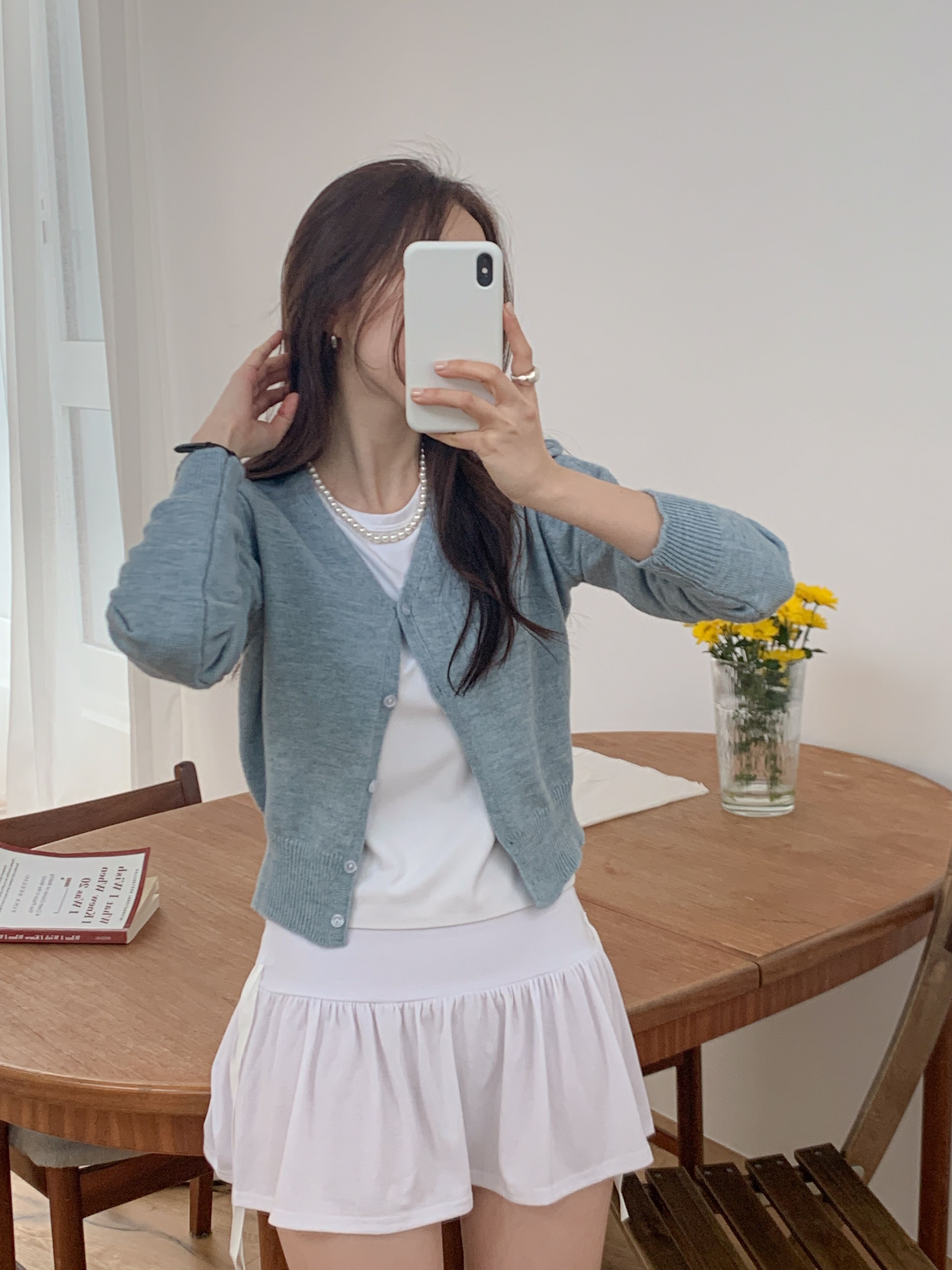 ボタンVネックルーズ長袖セミクロップド無地カーディガン | 詳細画像8