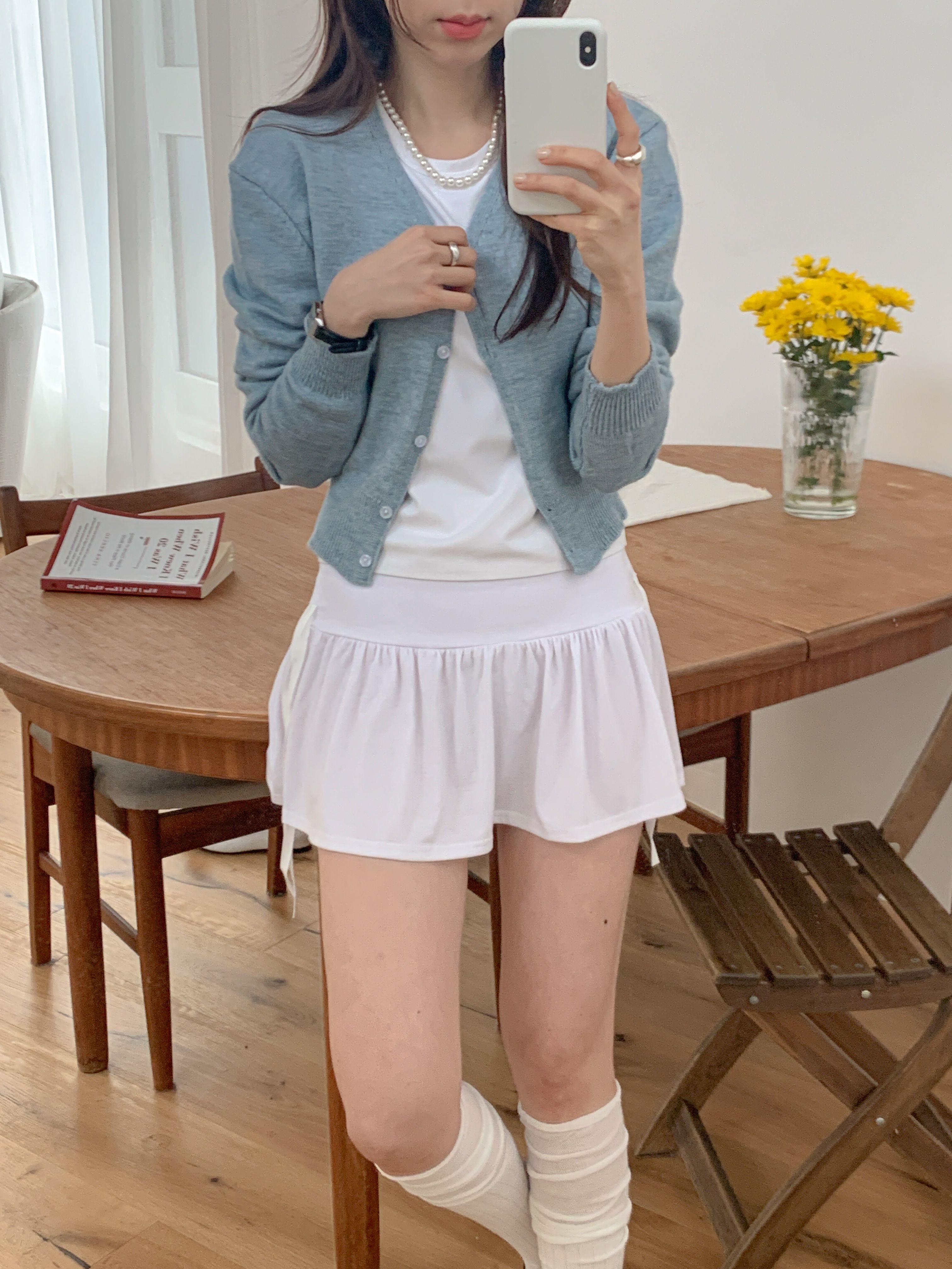 ボタンVネックルーズ長袖セミクロップド無地カーディガン | 詳細画像15